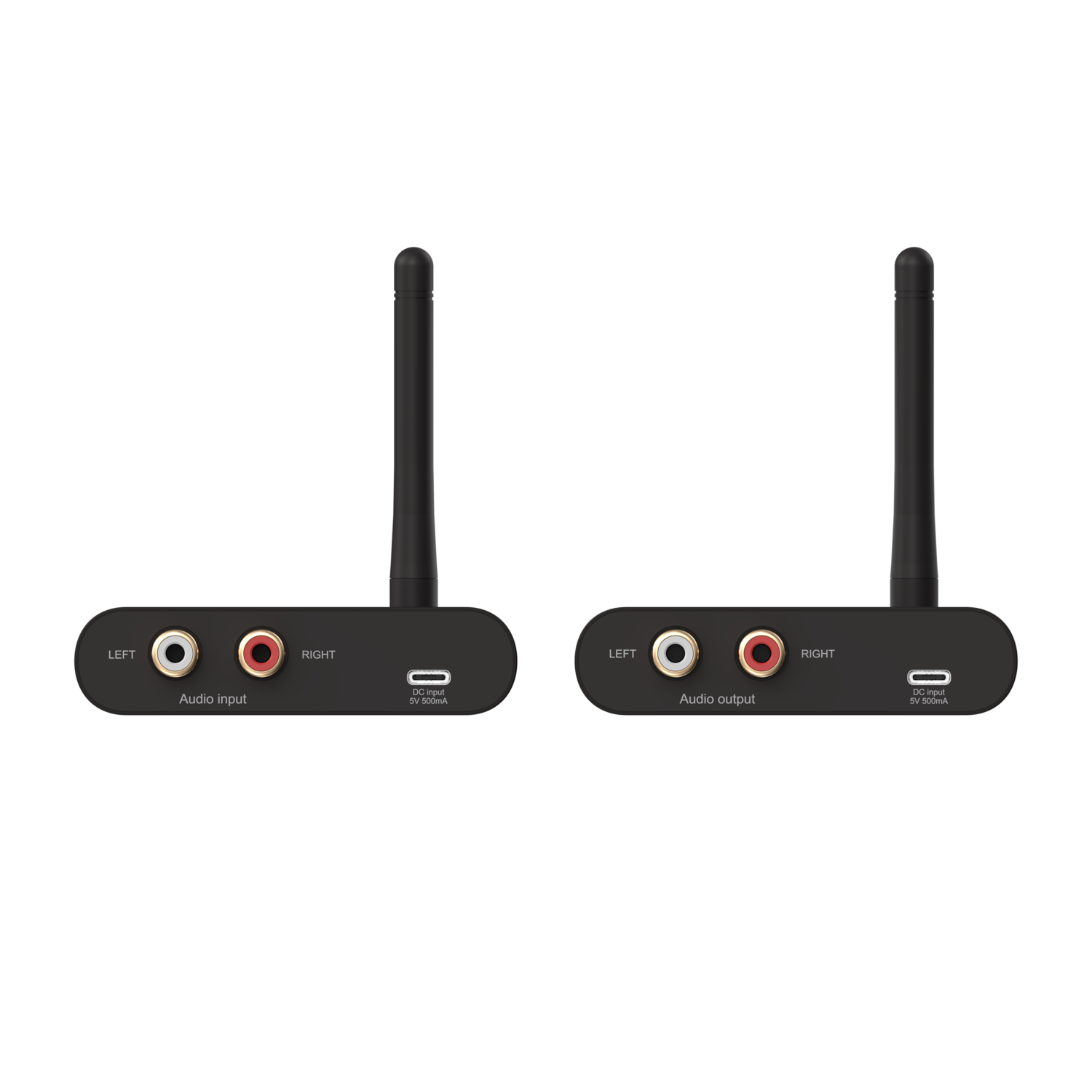 Two black audio devices with antennas. Each has audio input/output ports and a DC power input.