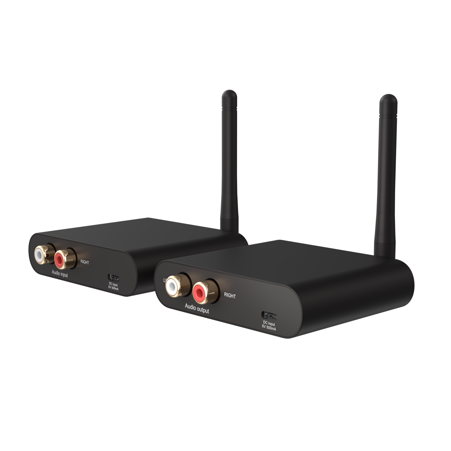 Two black audio devices with antennas, labeled audio input and output. White background.
