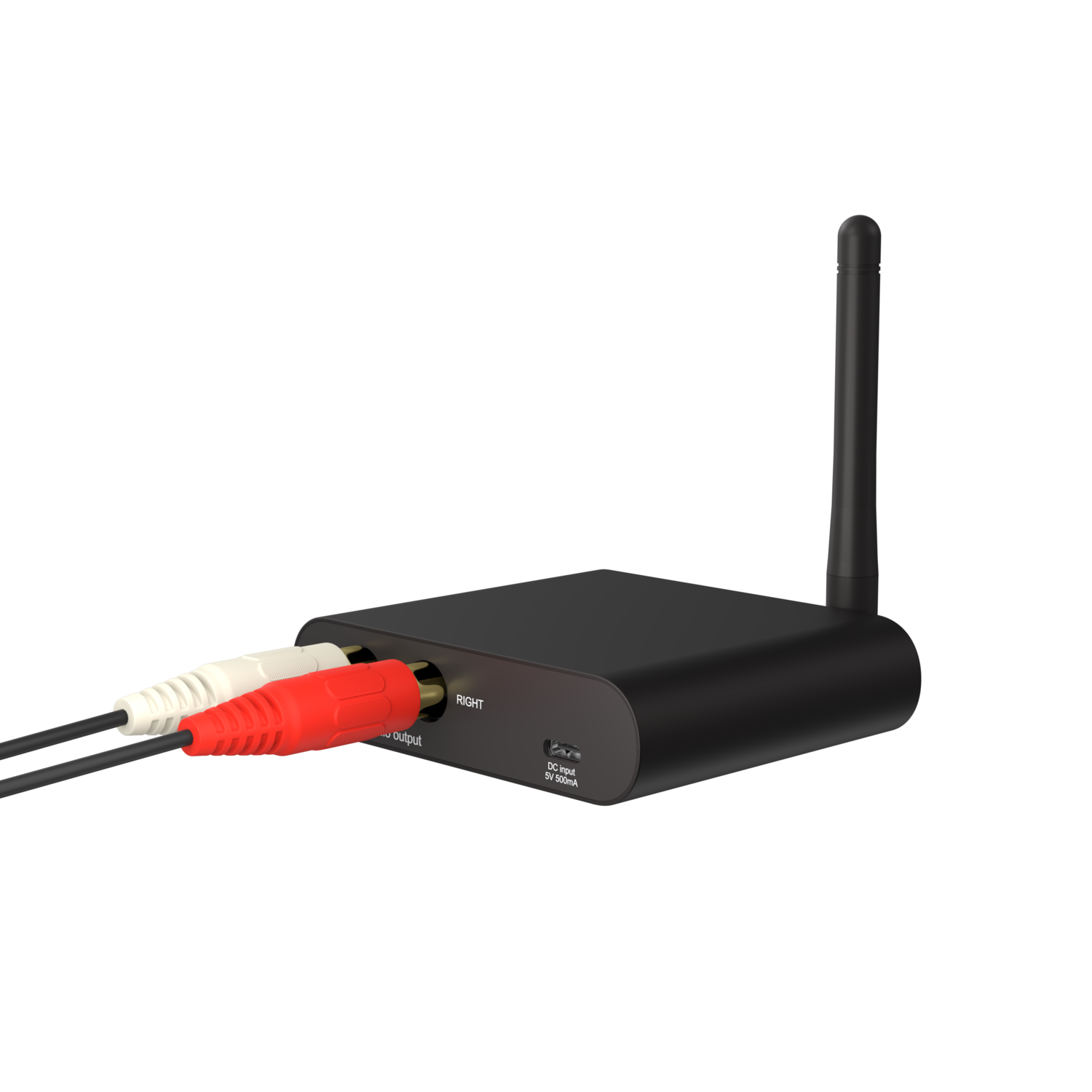 A black audio device with red and white RCA cables and a black antenna.