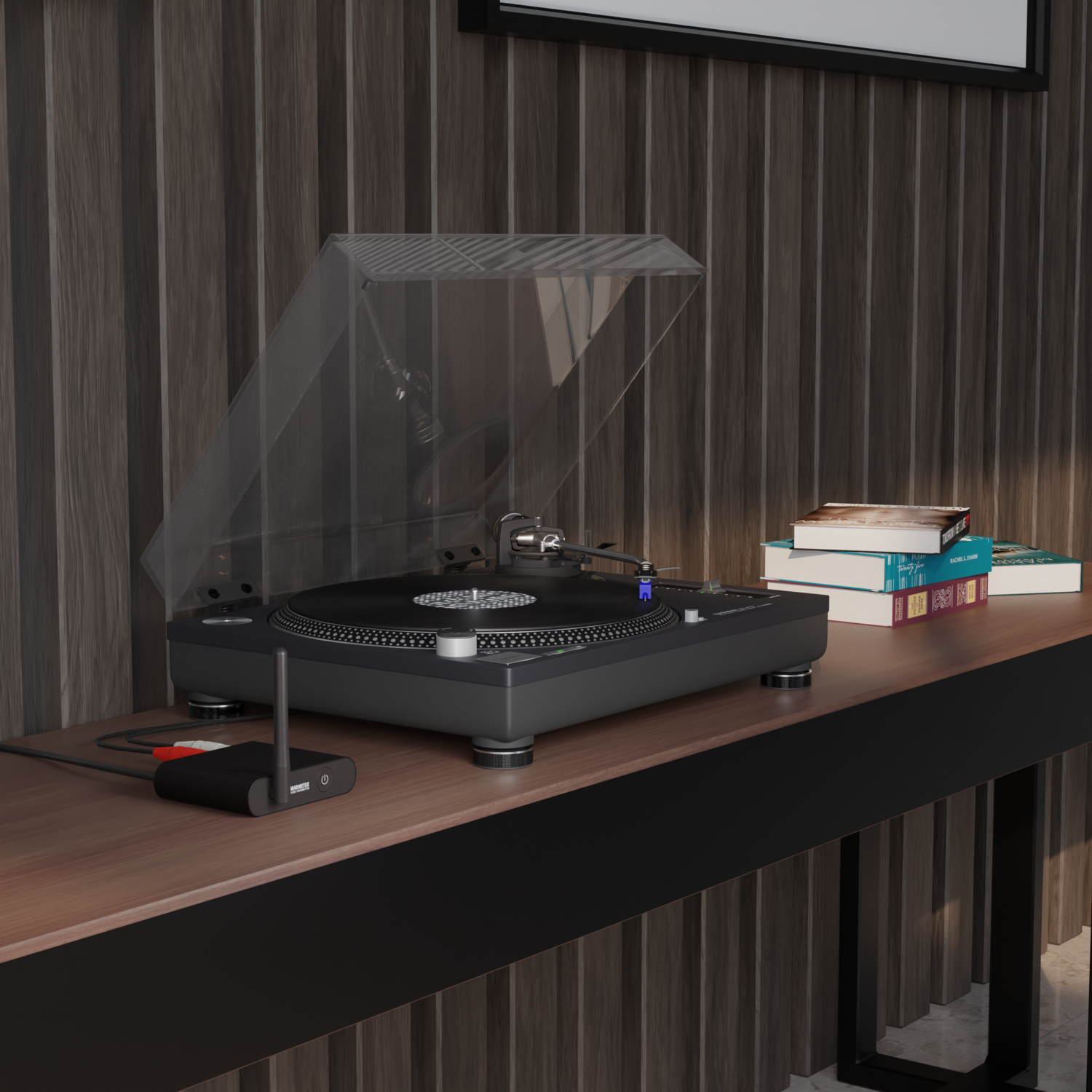 A record player on a wooden table. A clear cover is open. Books are visible on the right.