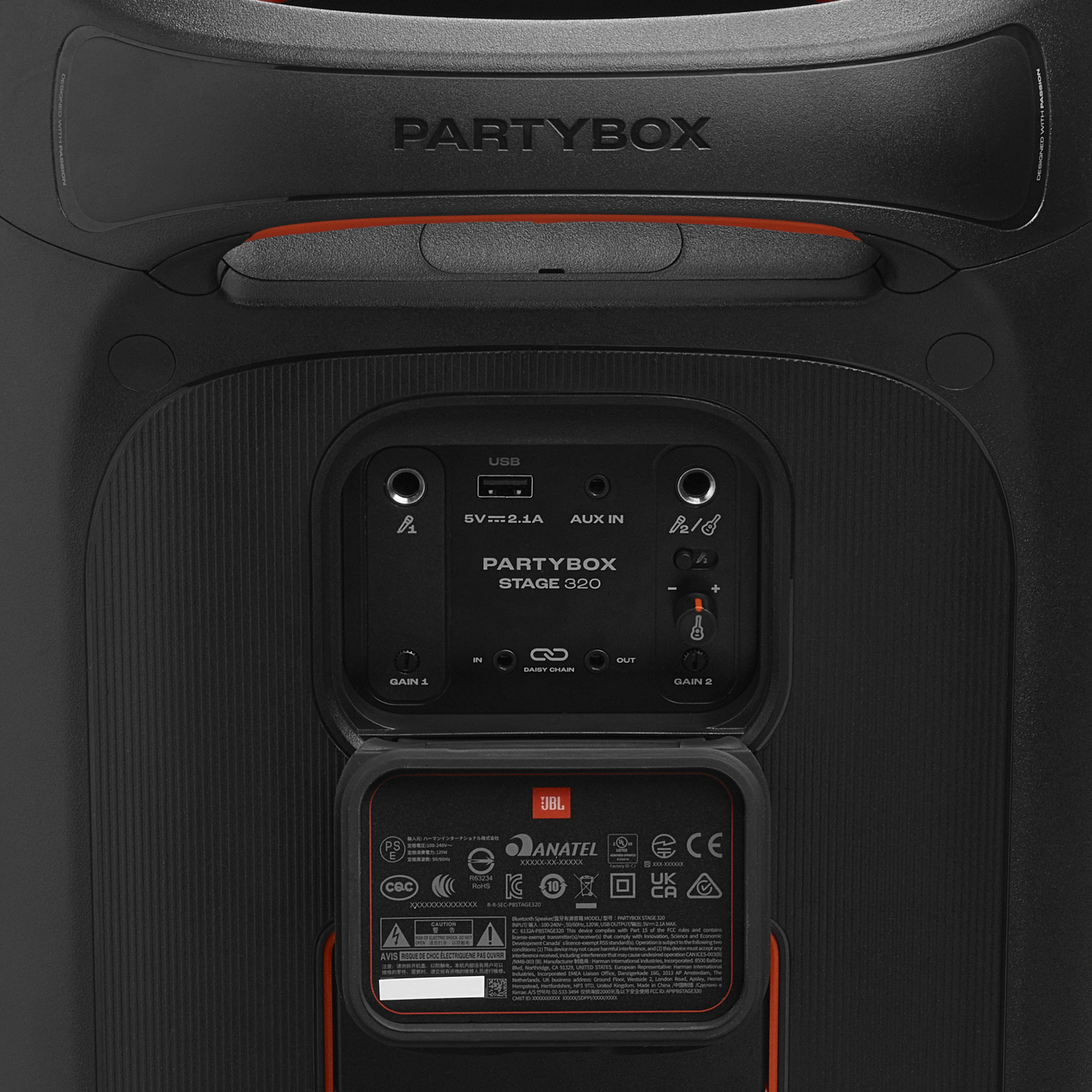 Zwarte PartyBox-luidspreker, de achterkant met poorten voor USB, AUX en gain-regelaars.