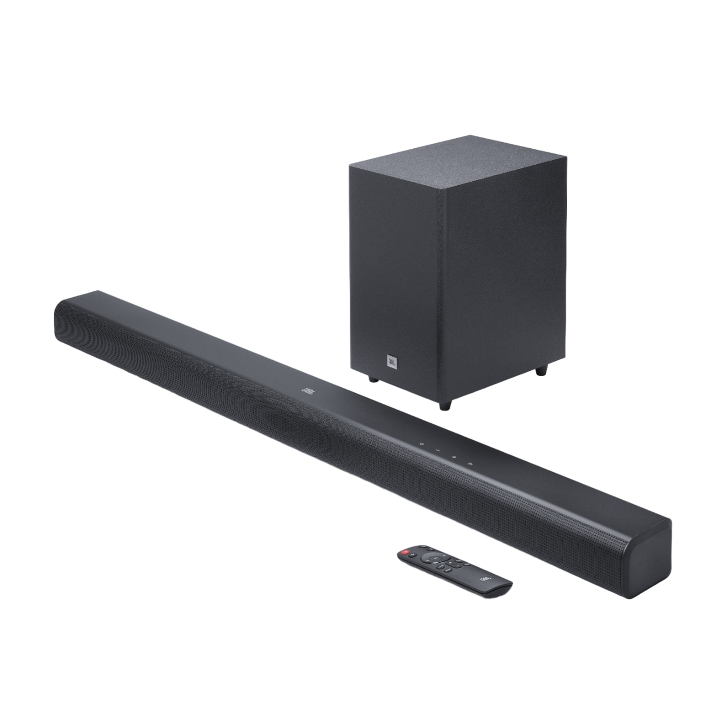 Schwarze Soundbar und Subwoofer. Fernbedienung unten. JBL-Logo sichtbar.