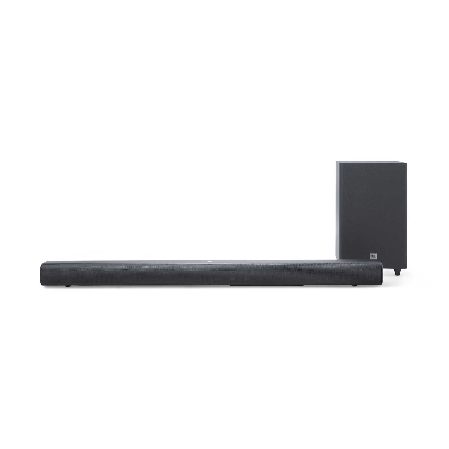 Zwarte JBL soundbar en subwoofer op een witte achtergrond.