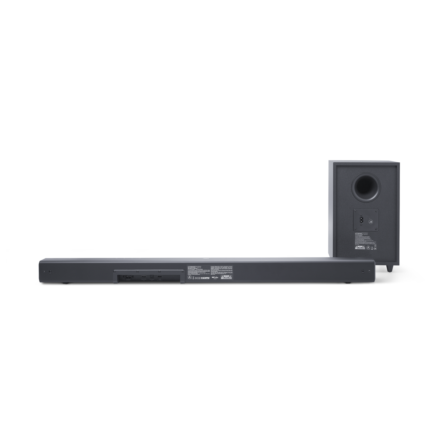Een zwarte soundbar en een subwoofer, geplaatst op een witte achtergrond. De soundbar is lang.