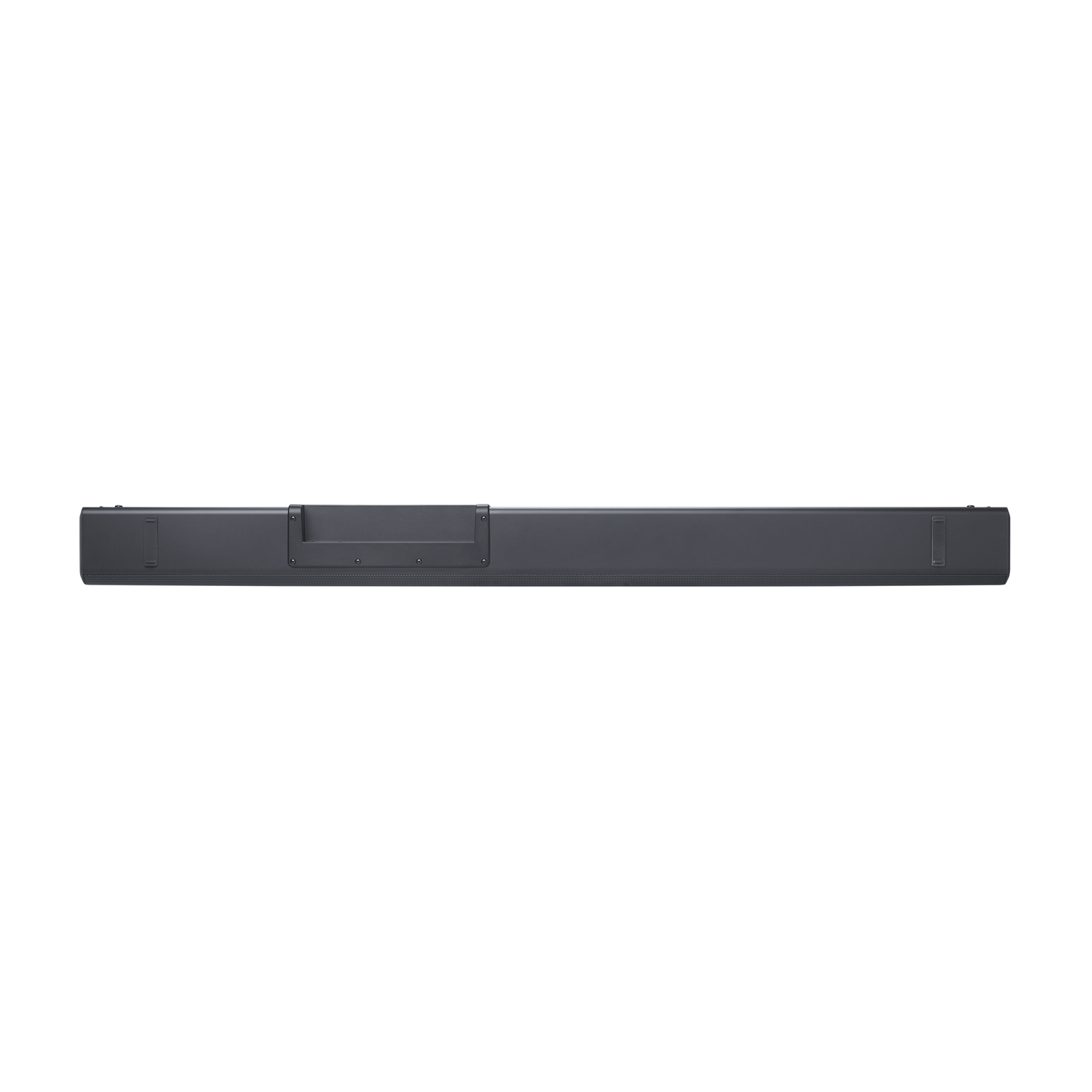 Een lange, dunne, zwarte soundbar op een witte achtergrond, van voren gezien.