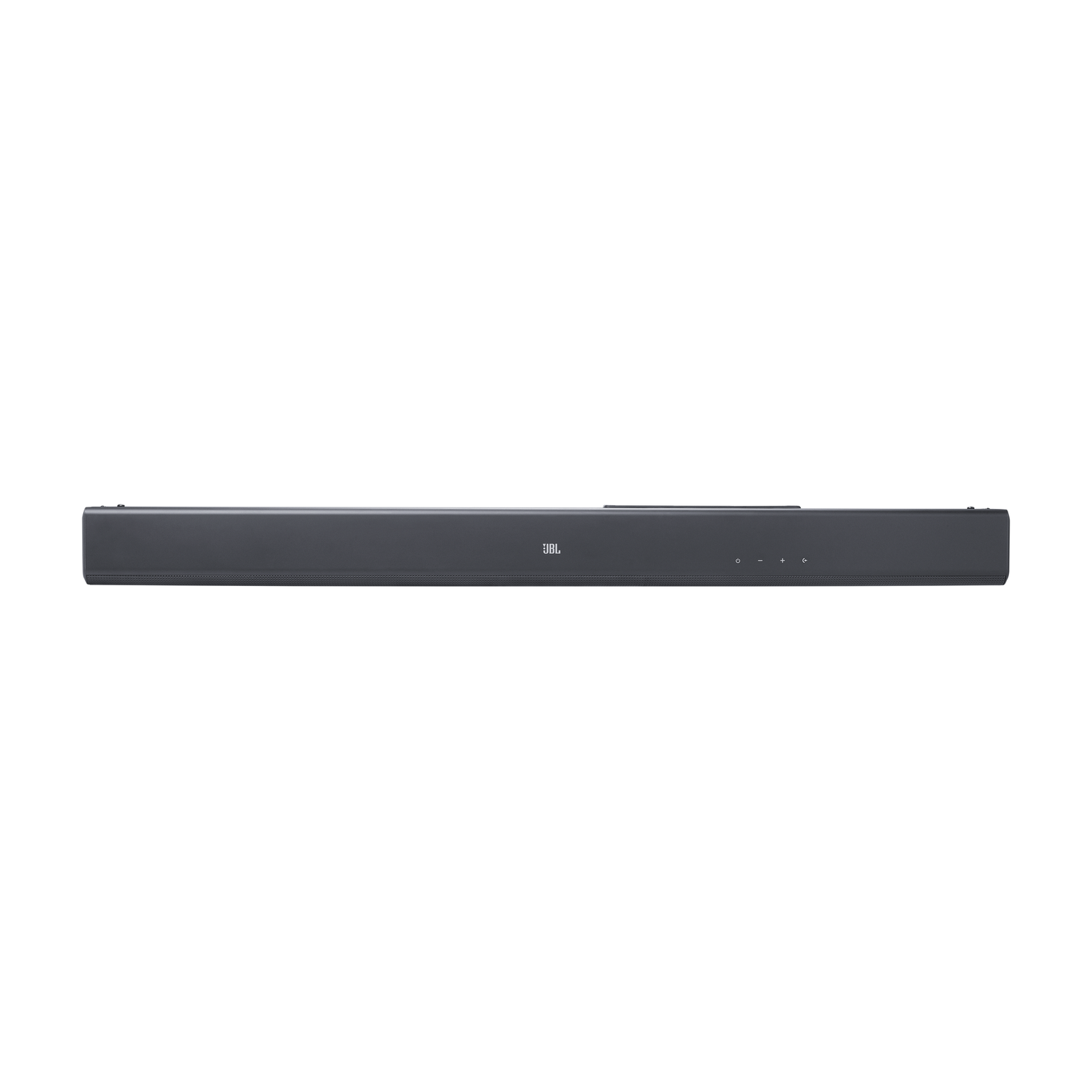 Lange, zwarte soundbar speaker. Simpel design met een paar knoppen en het JBL logo.