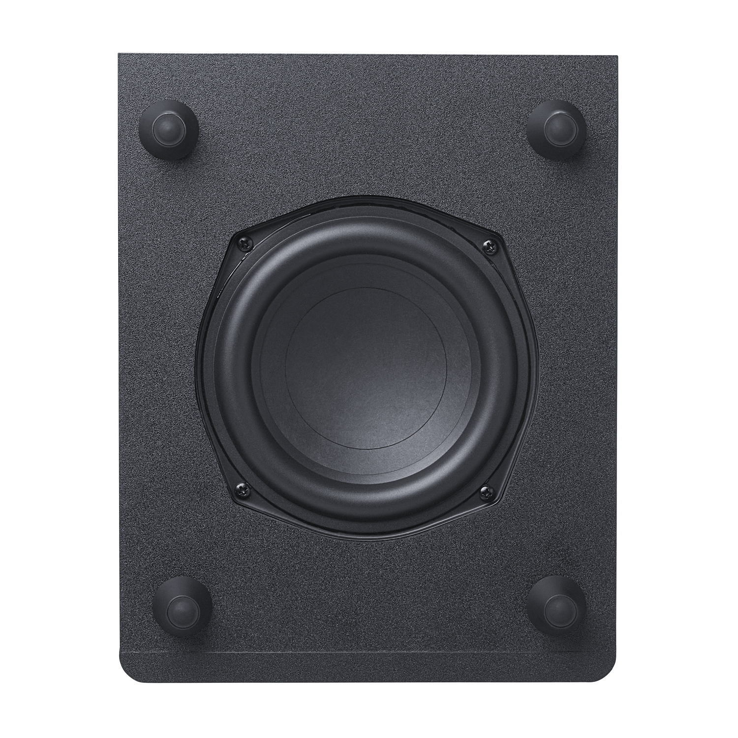 De achterkant van een zwarte subwoofer op een witte achtergrond.