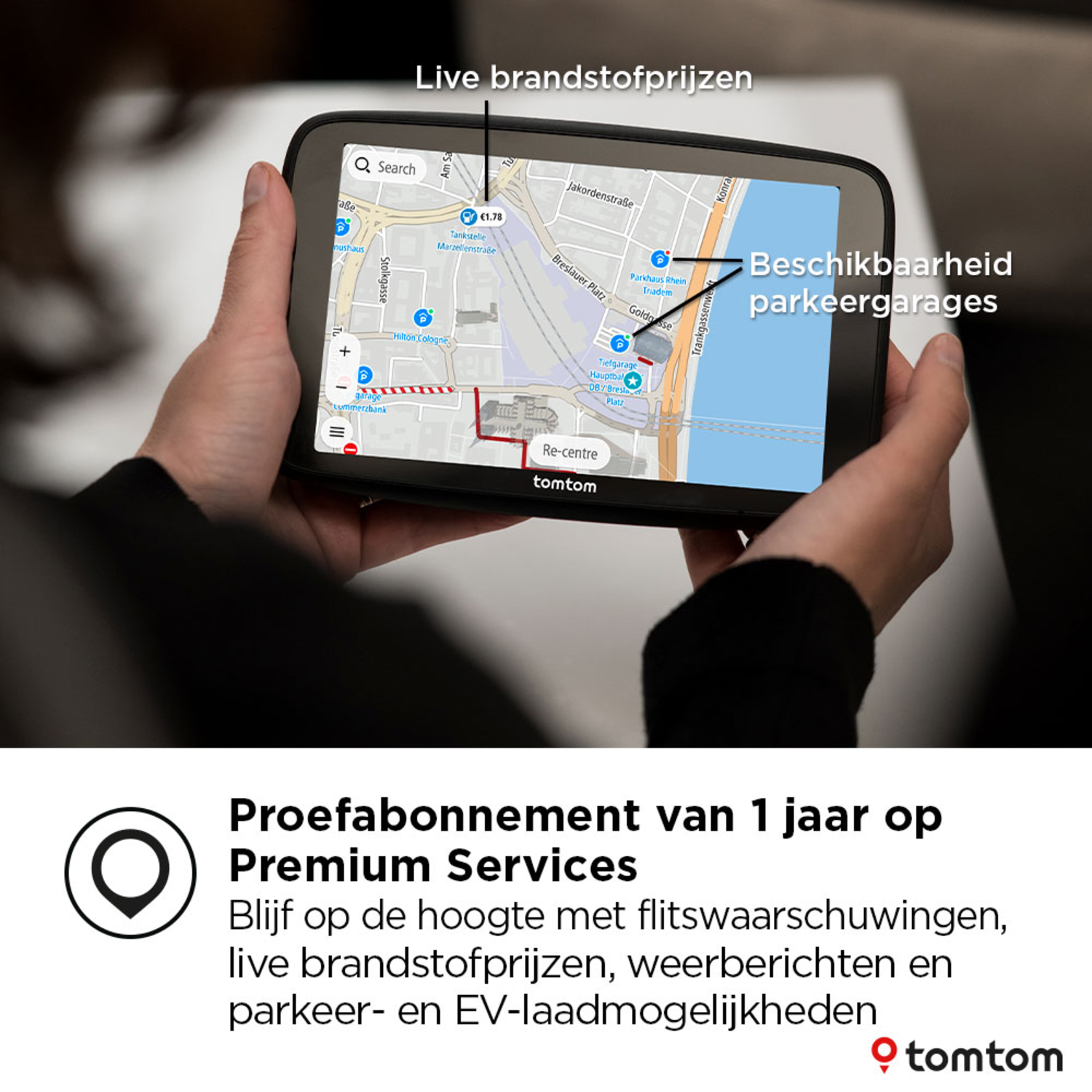 A navigation device showing a map and fuel prices. Text: Live fuel prices.