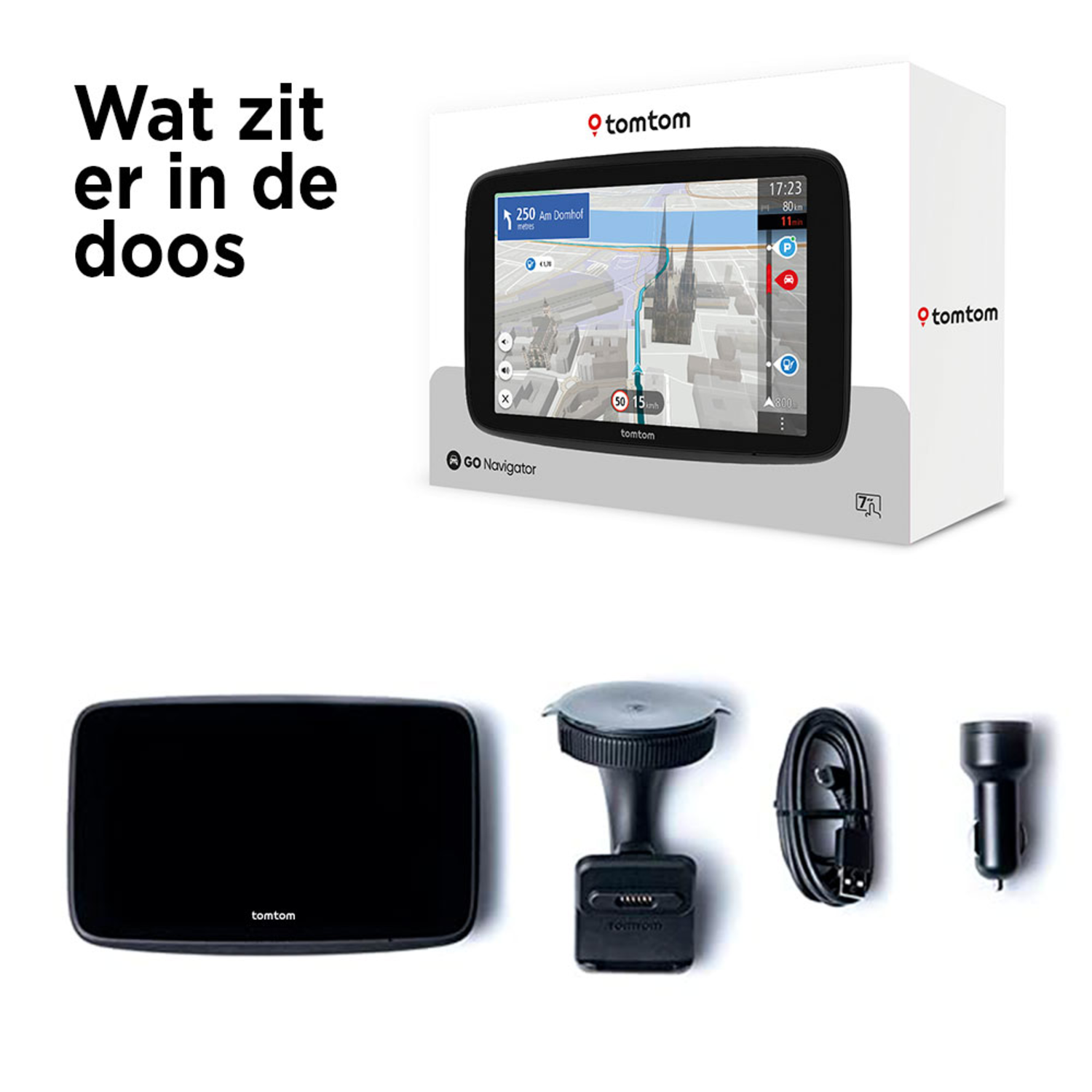 Navigation device with accessories in a box. The device and accessories are black.