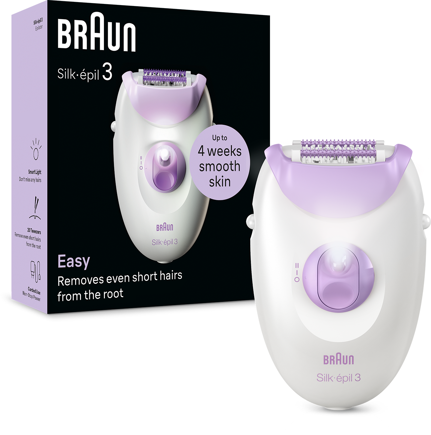 Braun Silk-épil 3 epilátor csomagolással. Az epilátor fehér, lila díszítéssel és szöveggel a dobozon.