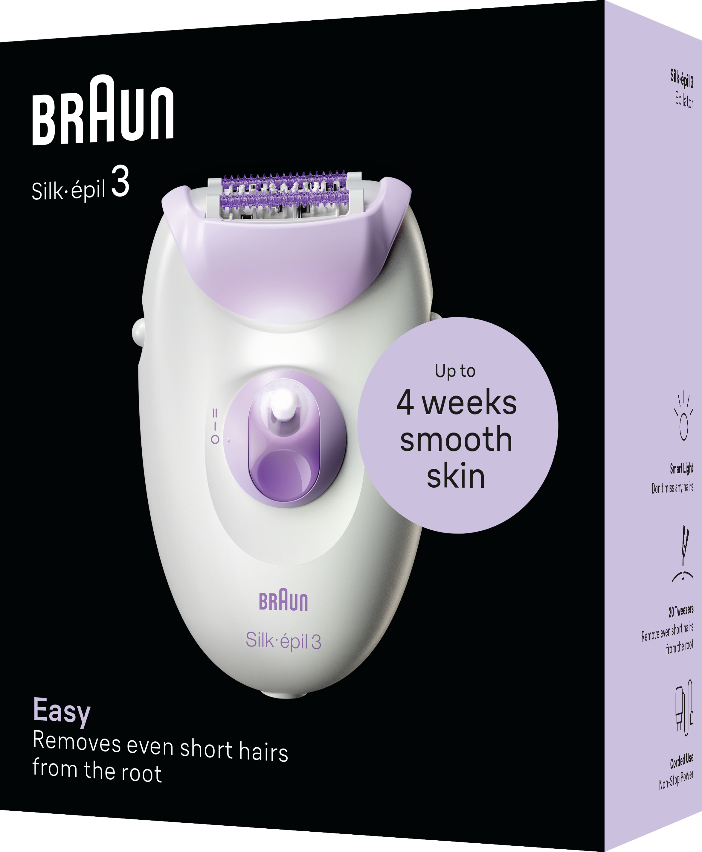 Braun Silk-épil 3 epilátor a dobozában. Fehér és lila. Könnyű szőrtelenítést mutat.
