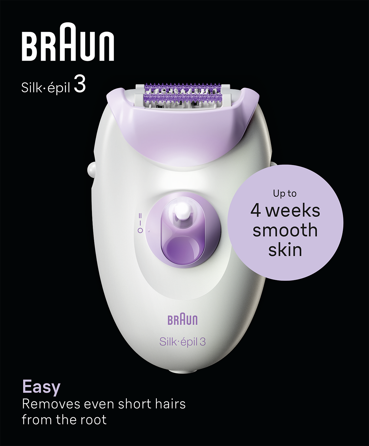 Braun Silk-épil 3 epilátor, fehér és lila. Szöveg: Könnyű, a rövid szőrszálakat is eltávolítja a gyökérből. Akár 4 hétig sima bőr.