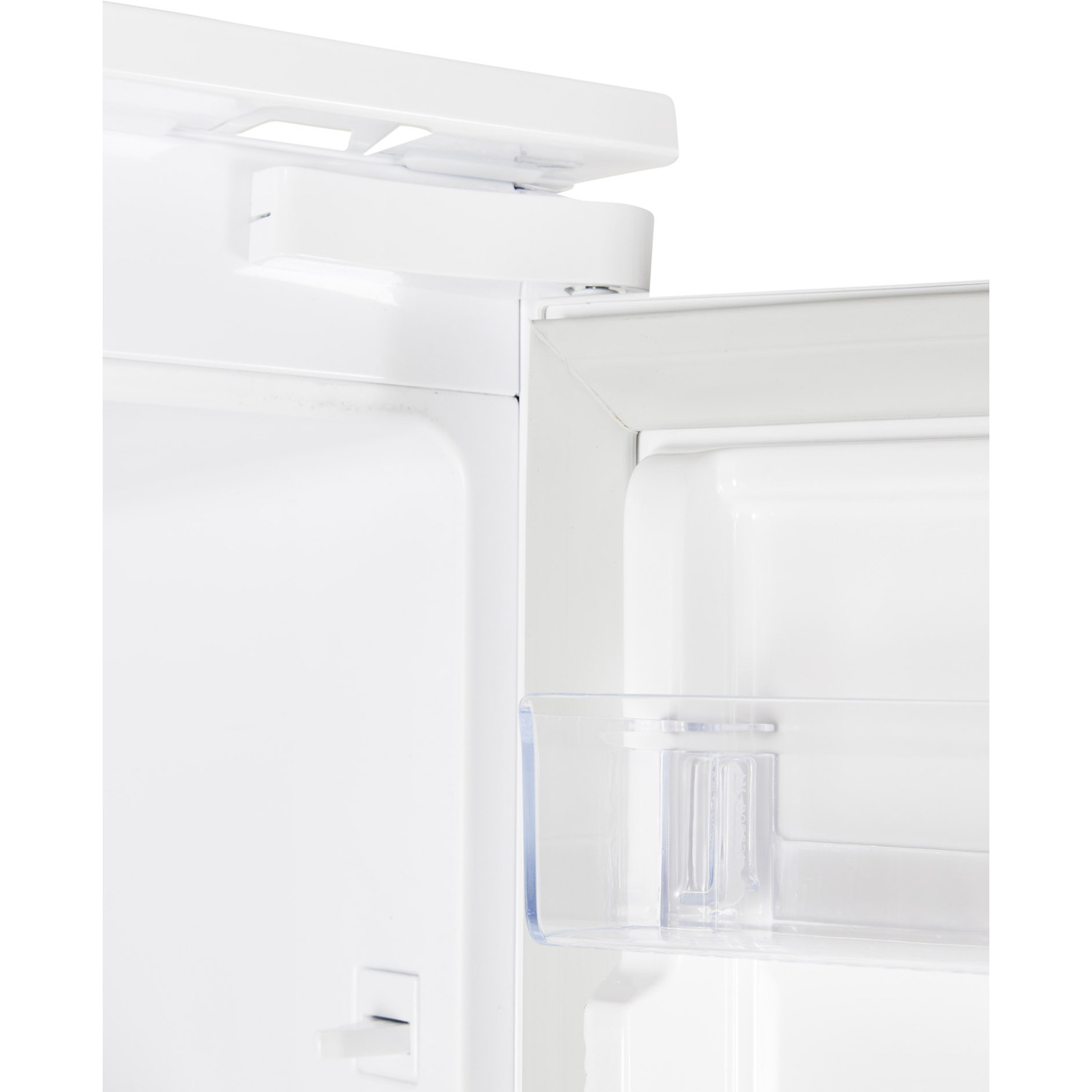 Interior of a white refrigerator. Open door reveals shelves and a clear plastic drawer.