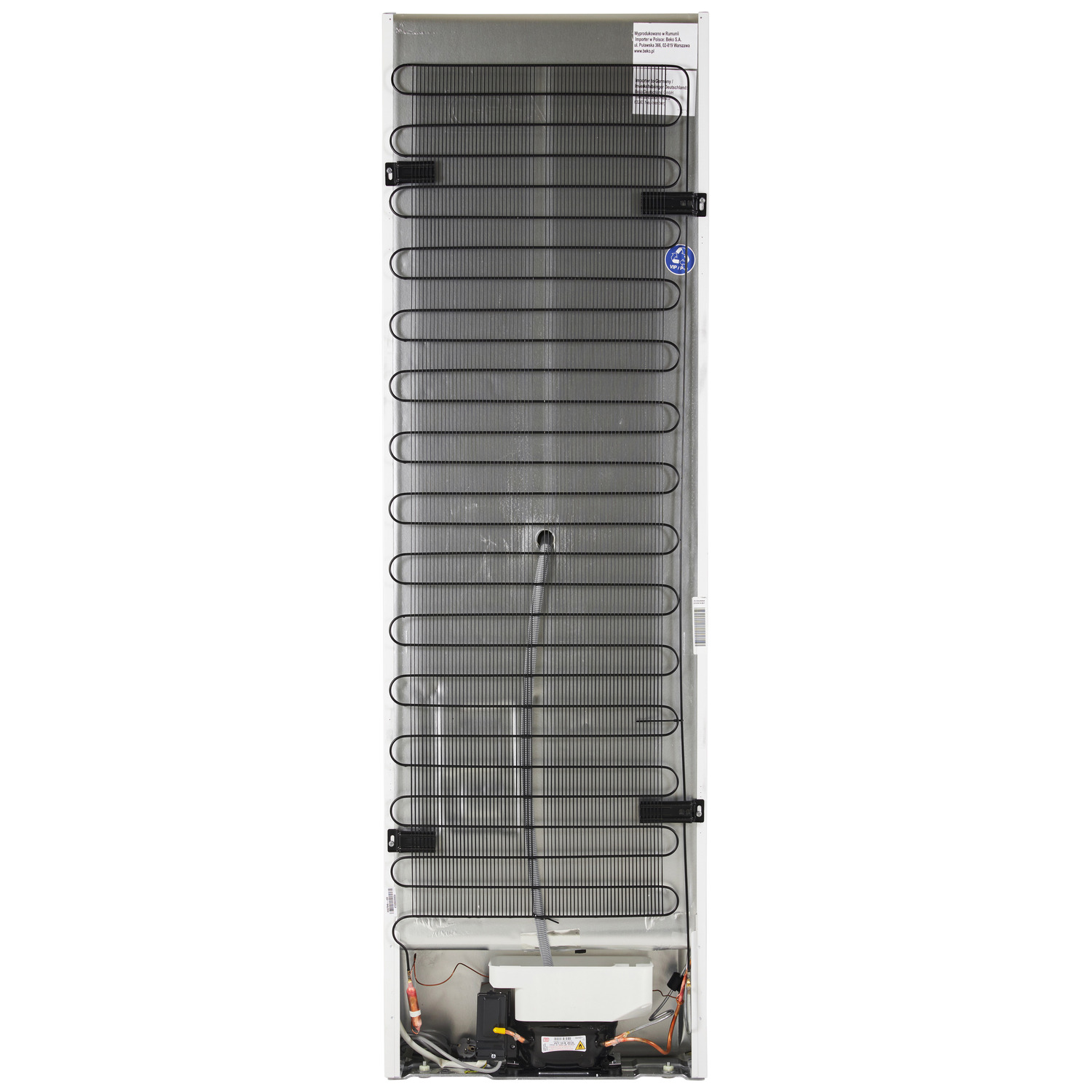 Back of a white refrigerator with black coils and a cooling system, labeled with technical details.