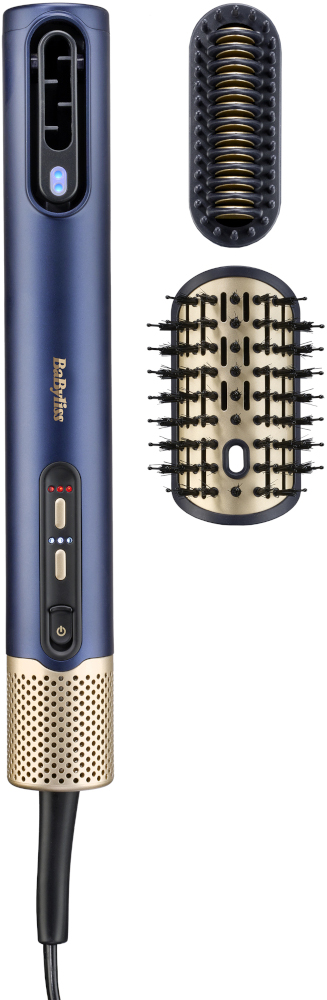 A dark blue and gold Babyliss hair styler with attachments. The styler is on a white background.
