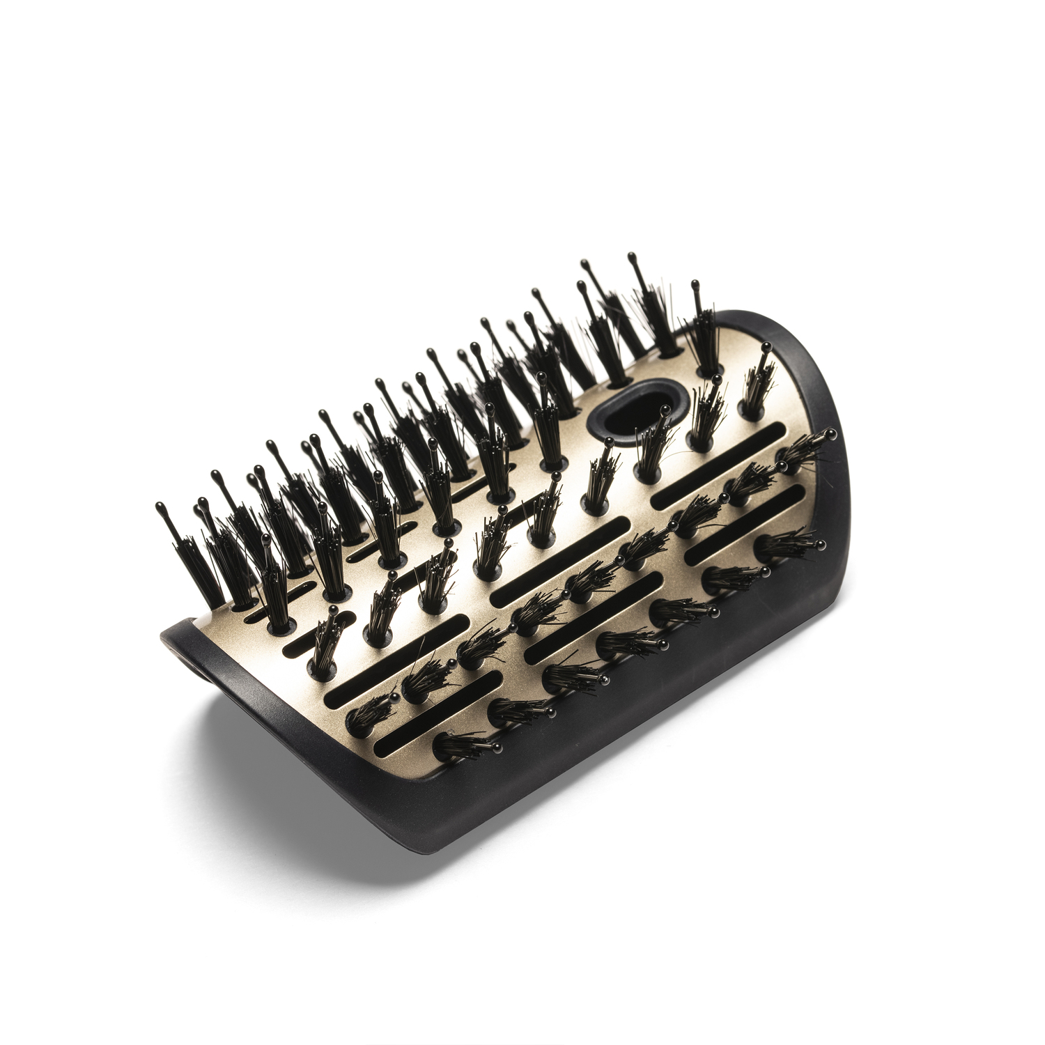 A black and gold hair styling brush with black bristles. The brush is angled.