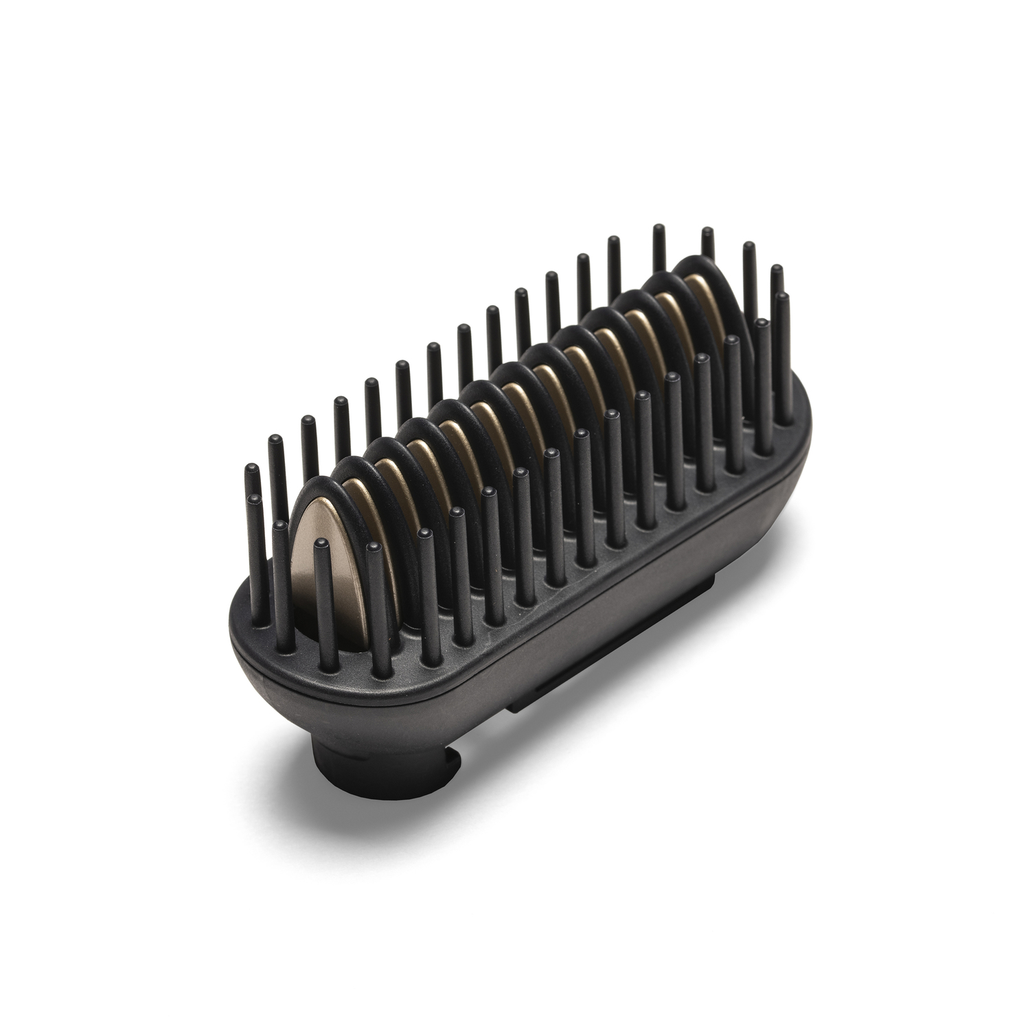 Black hair straightener attachment with black bristles and golden heating plates.