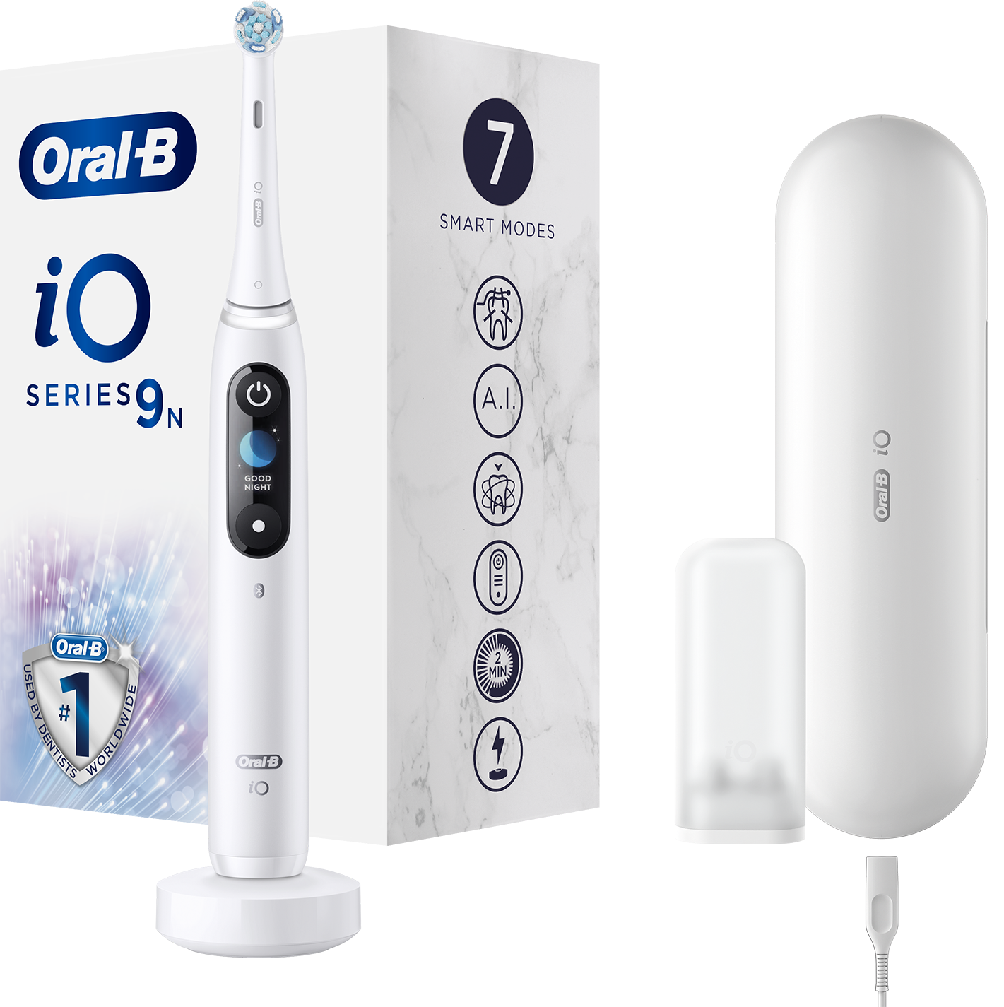 Fehér Oral-B iO Series 9N elektromos fogkefe töltővel, tokkal, dobozzal, fekete háttéren.