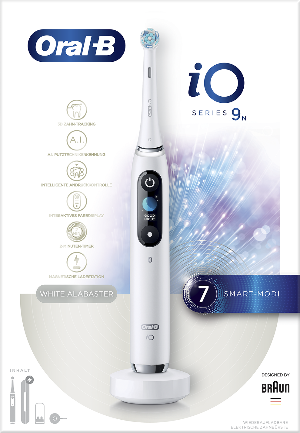 Fehér Oral-B iO Series 9N elektromos fogkefe állványon.