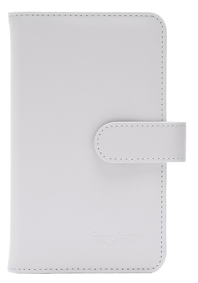 Białe etui na zdjęcia z paskiem i zapięciem, imitacja skóry.