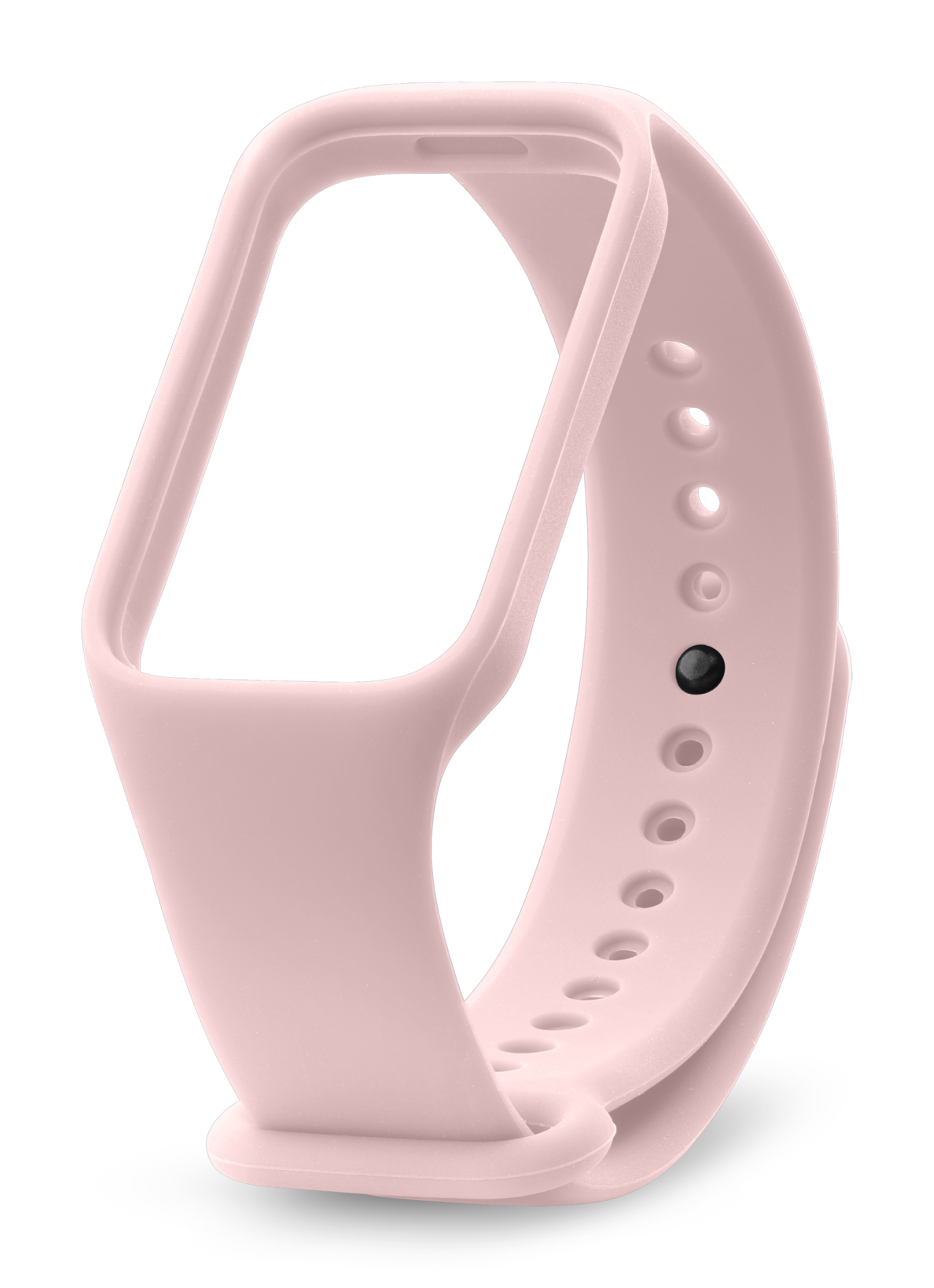 Correa de reloj rosa. La correa es curva y tiene agujeros para ajuste.