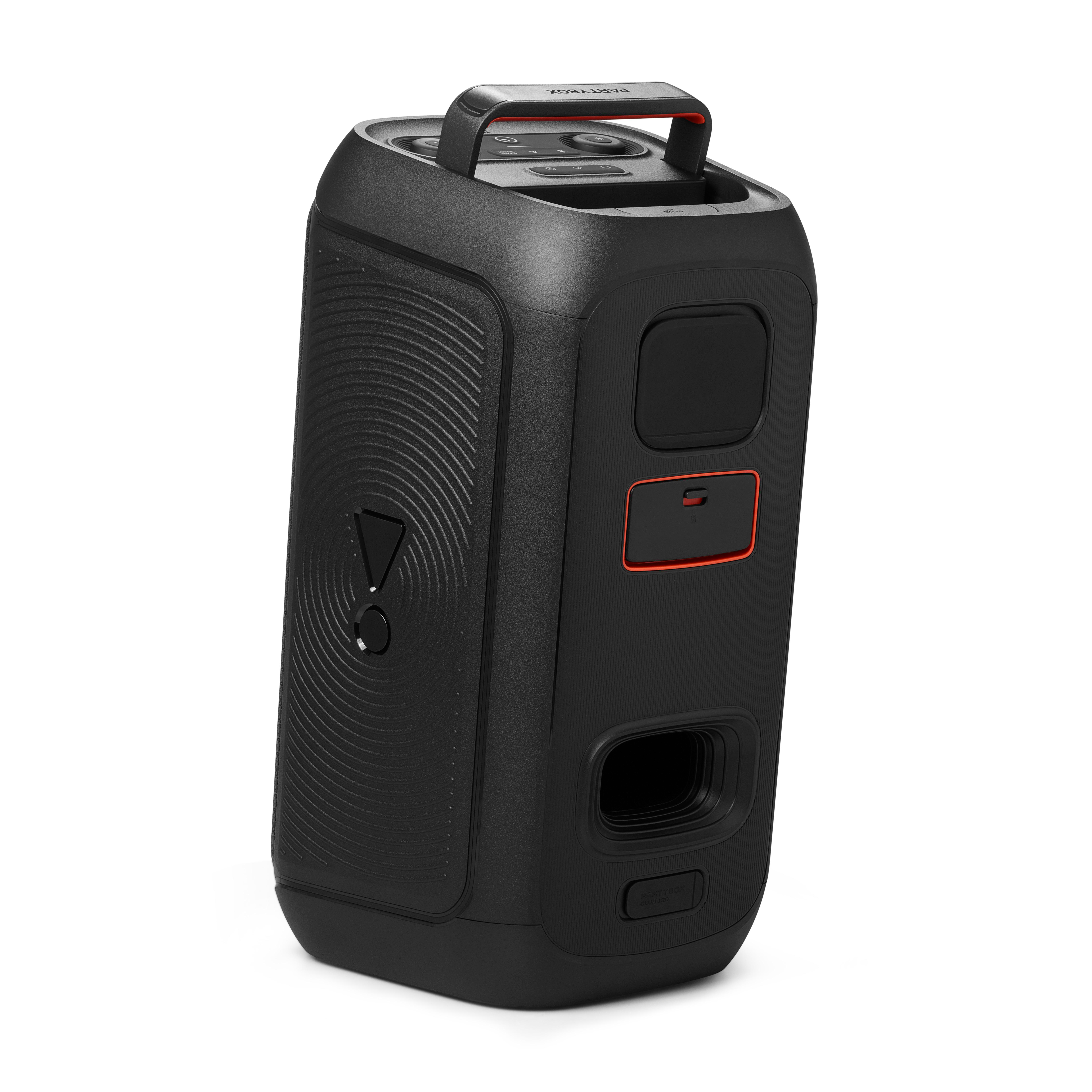 Schwarzer tragbarer Lautsprecher mit Griff, Knöpfen und Lautsprechergitter. Weißer HG.