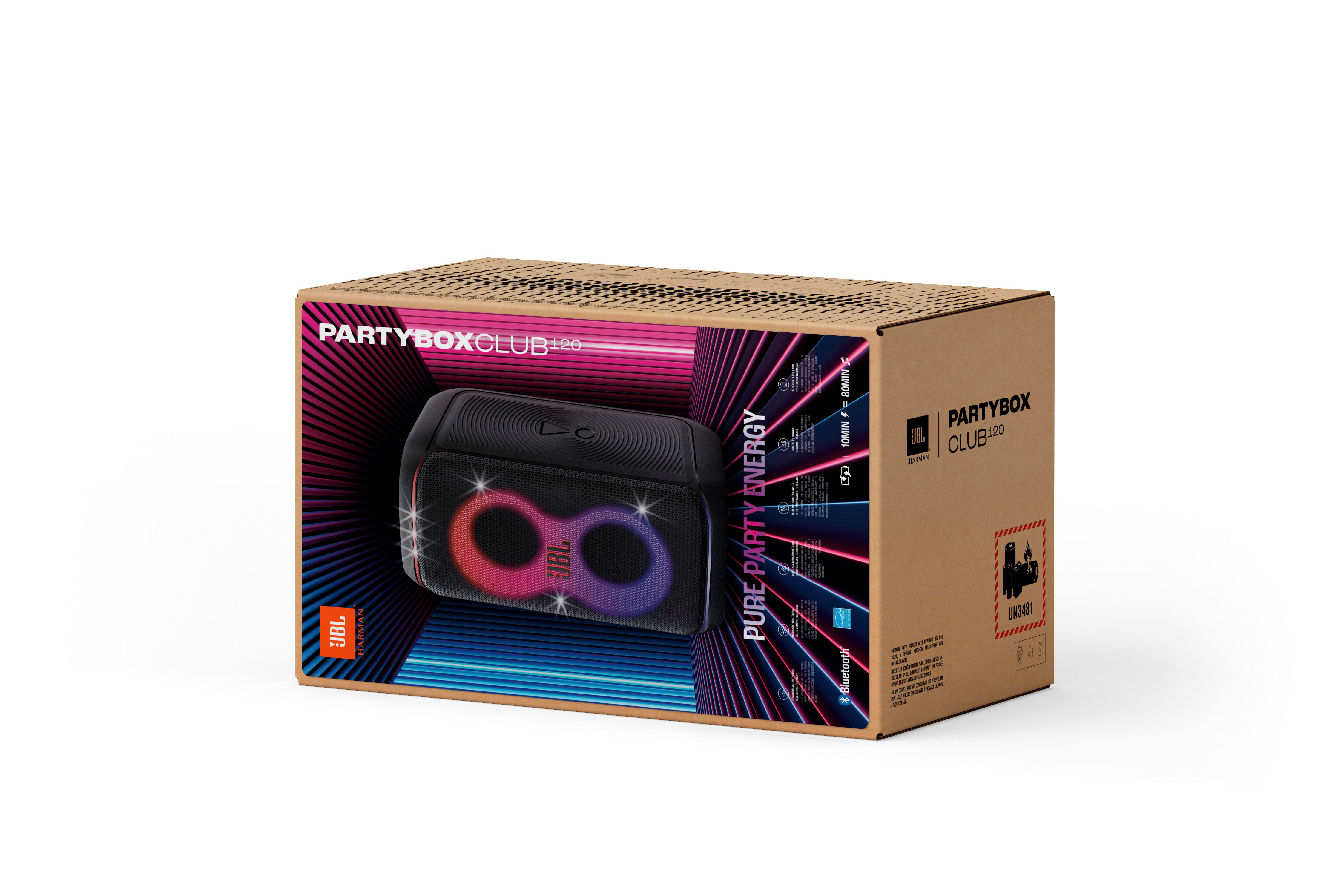 Partybox Club 120 Lautsprecherbox auf Weiß, Produktdetails sichtbar.