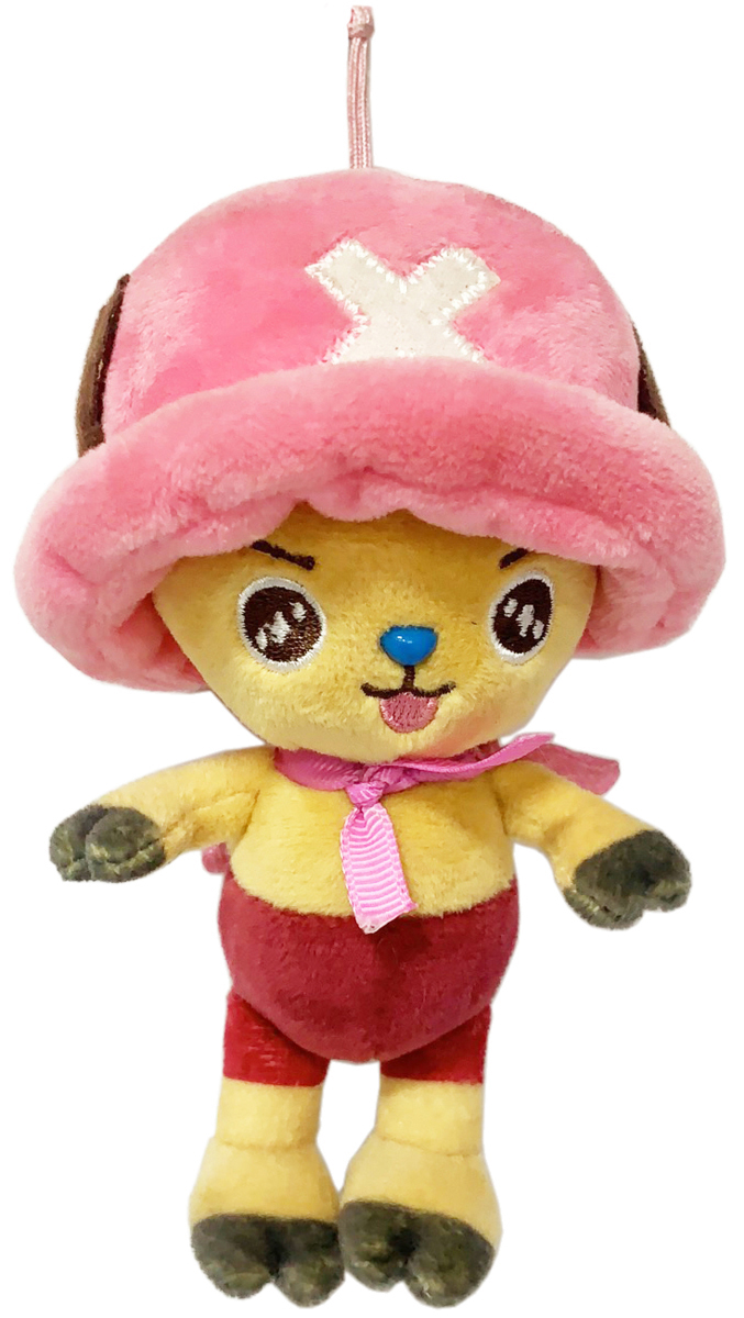 Plüsch Tony Chopper Puppe, rosa Hut, gelber Körper, rote Shorts, weißer Hintergrund.