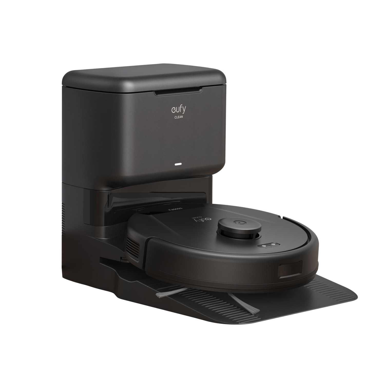 Aspirateur robot Eufy noir avec station de charge, vue de dessus, isolé sur fond blanc.