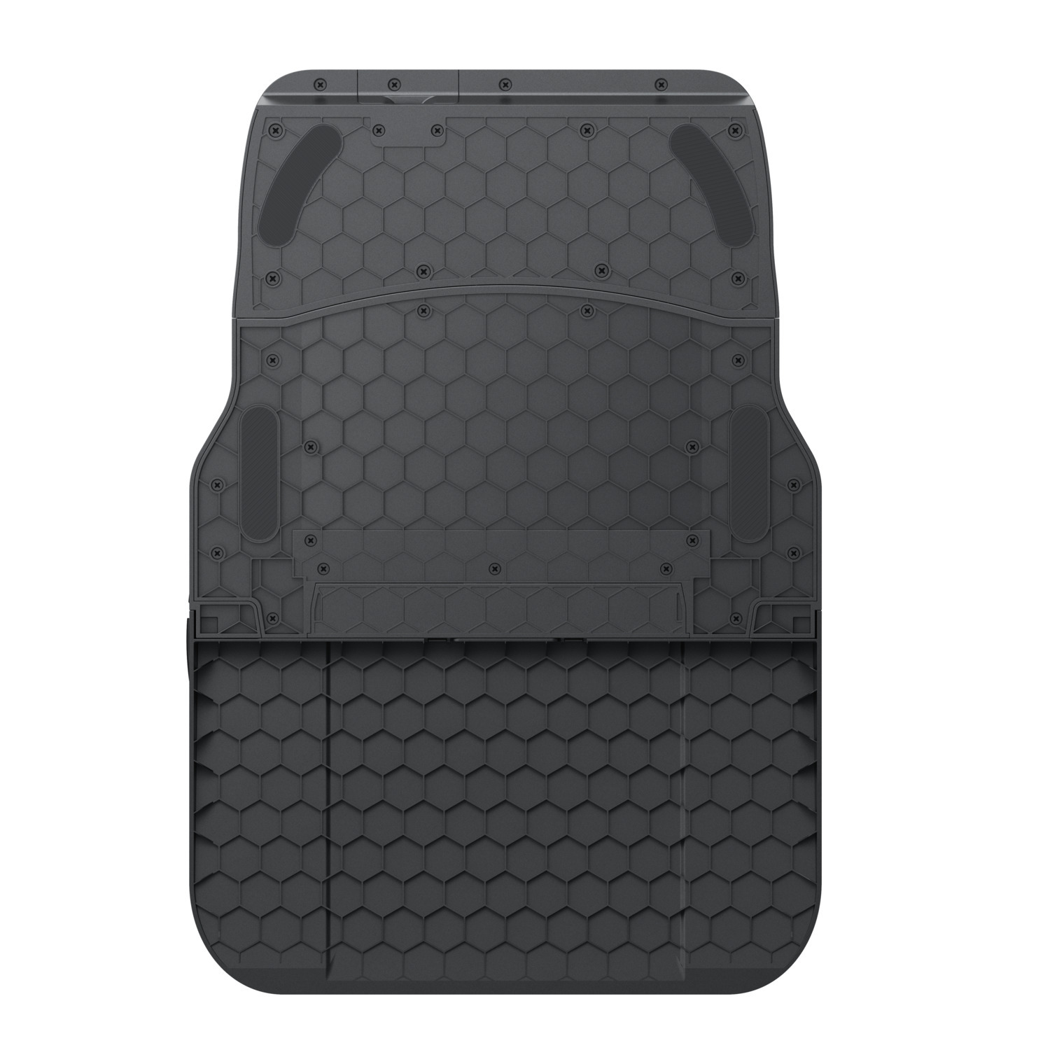 Tapis de sol de voiture gris foncé avec motif hexagonal, vue de dessus.