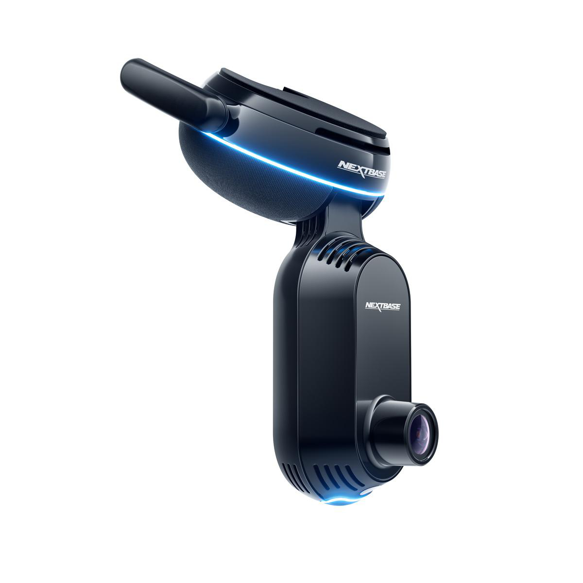 Schwarze Nextbase Dashcam, schräge Ansicht. Mit Linse, Halterung und blauen Akzenten.