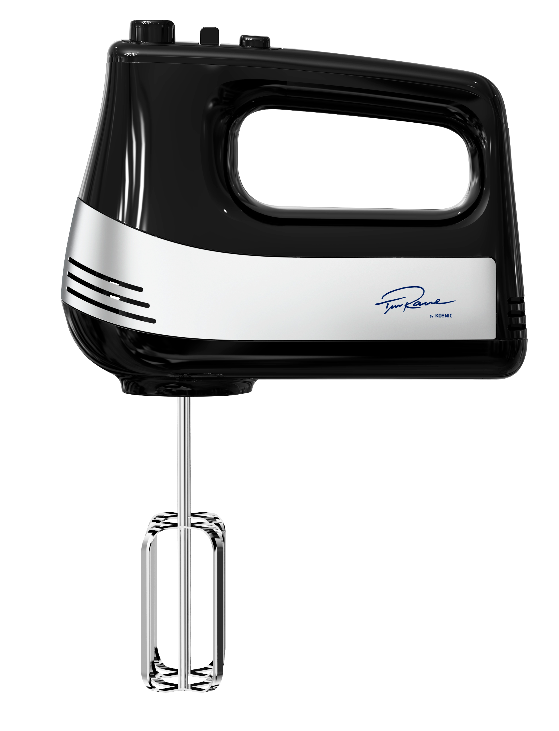 Ein schwarzer und silberner Handmixer mit Markennamen und Unterschrift an der Seite.