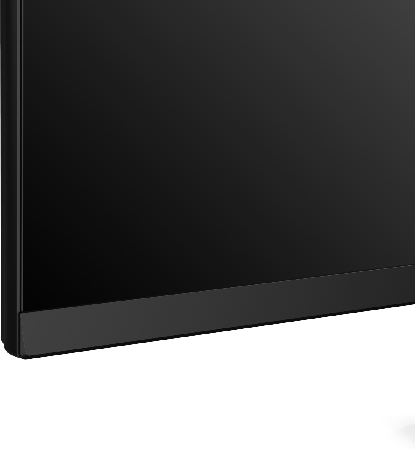 Gros plan sur un écran de télévision noir et le bord inférieur, fond blanc.