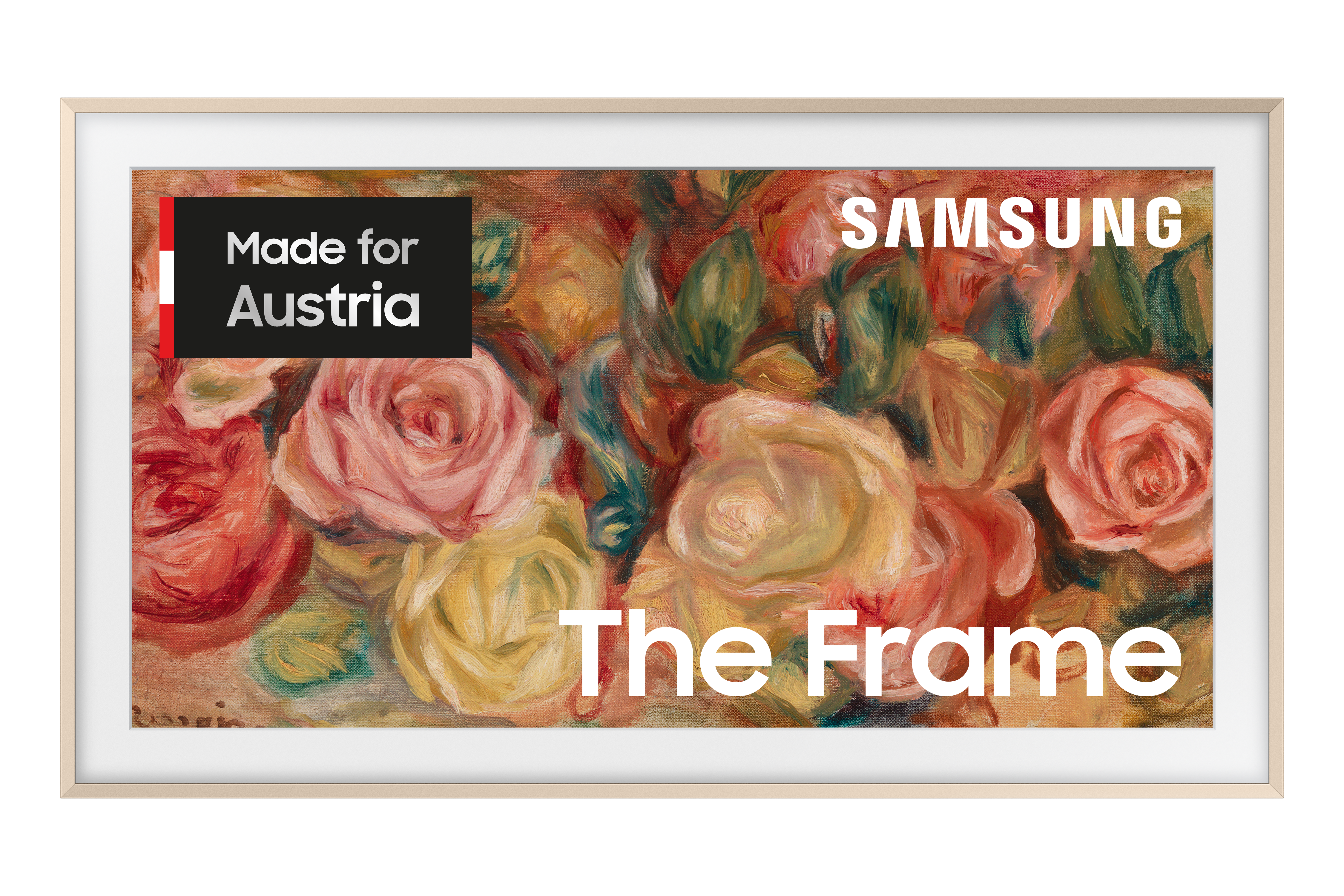 Weiß gerahmter Samsung The Frame TV, der ein Blumenkunstwerk zeigt. Made for Austria Label sichtbar.