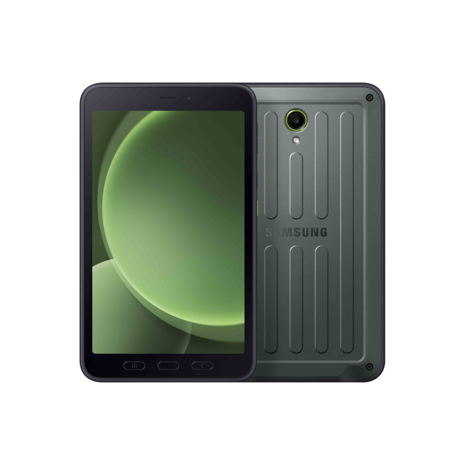 Een zwarte en groene tablet met een scherm met een groen ontwerp en de achterkant van de tablet.