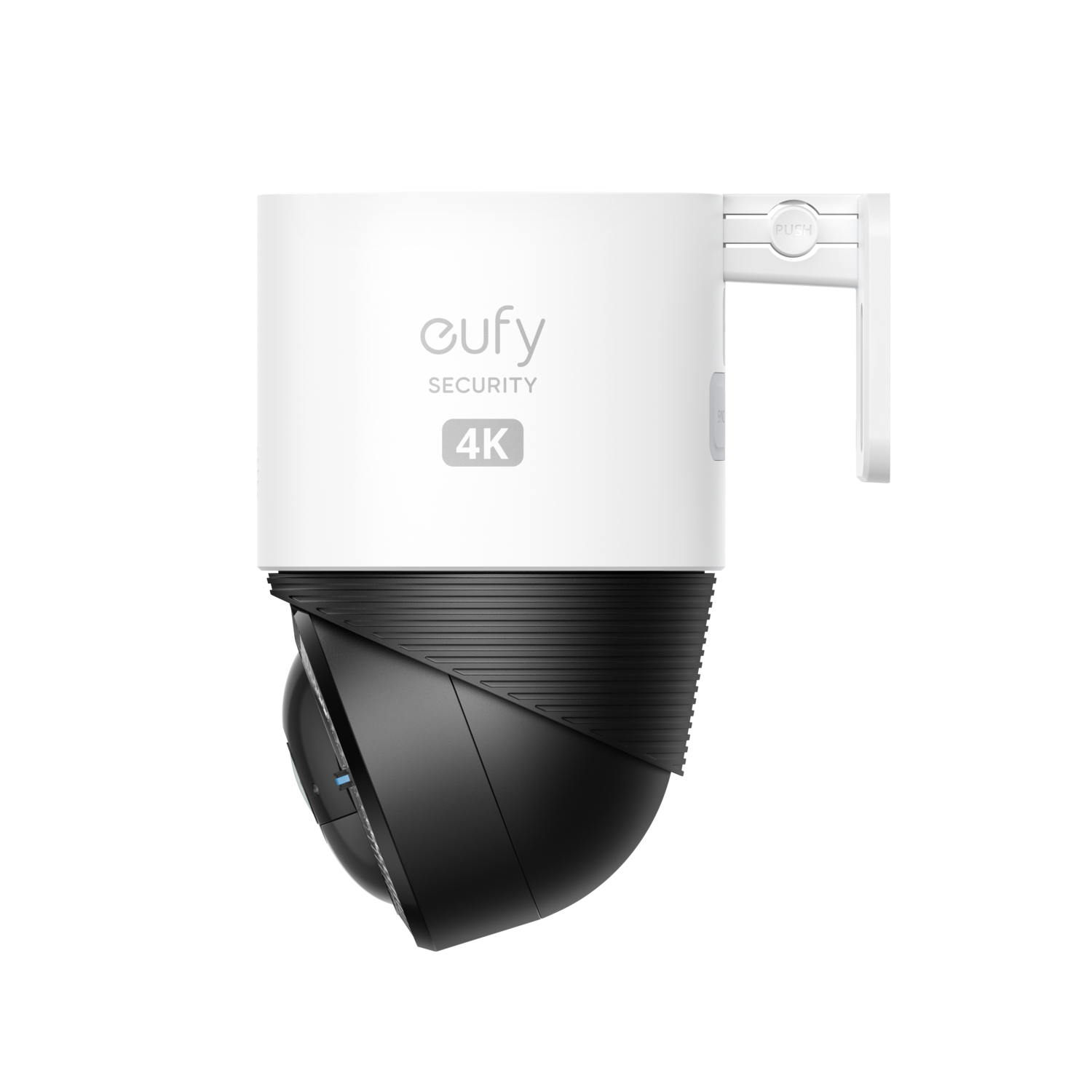 Eufy beveiligingscamera, witte bovenkant, zwarte onderkant, aan de muur gemonteerd, schuine weergave.