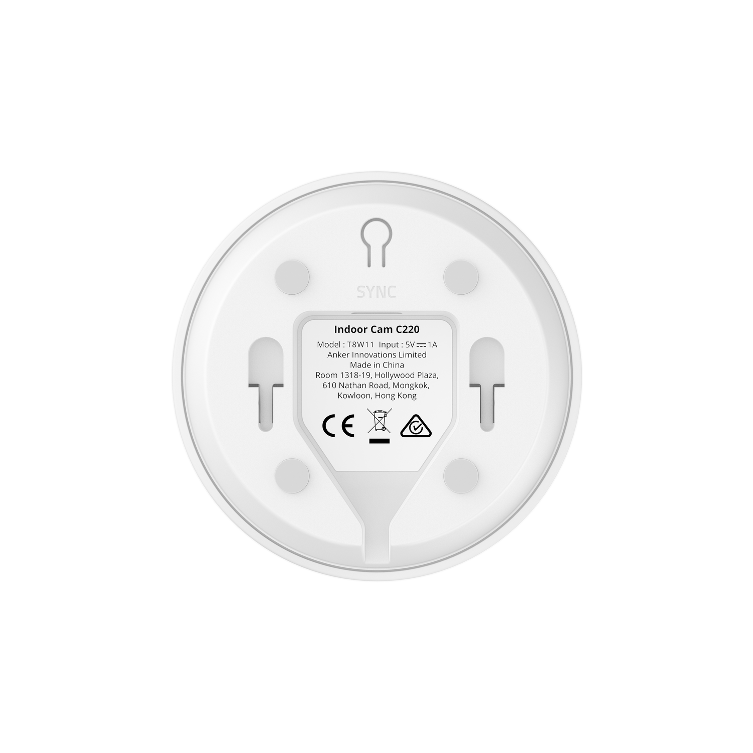 White round Indoor Cam C220 from Anker, with mounting details on the back.