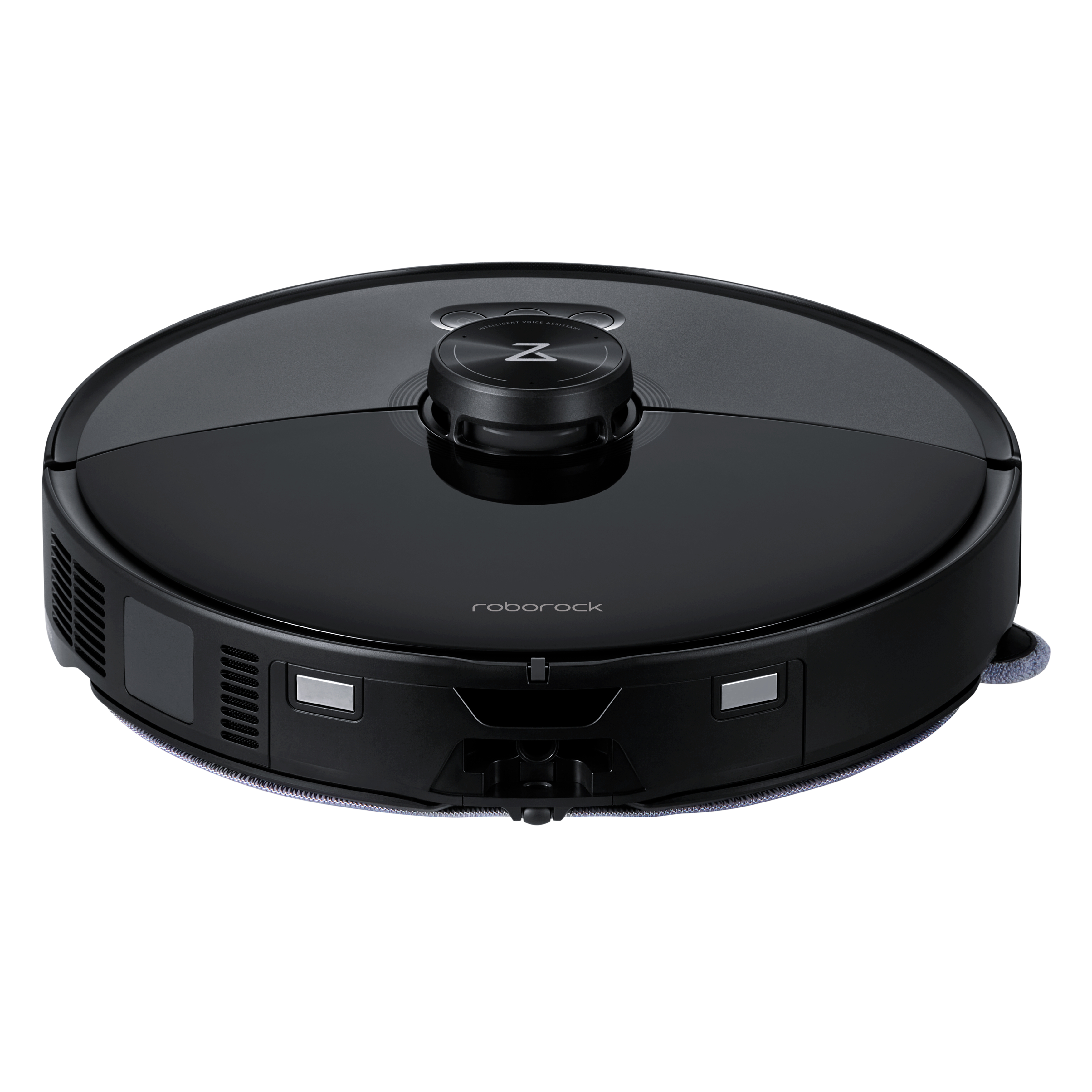 Schwarzer Roboter-Staubsauger auf weißem Hintergrund. Das Gerät ist rund und hat einen Knopf oben.