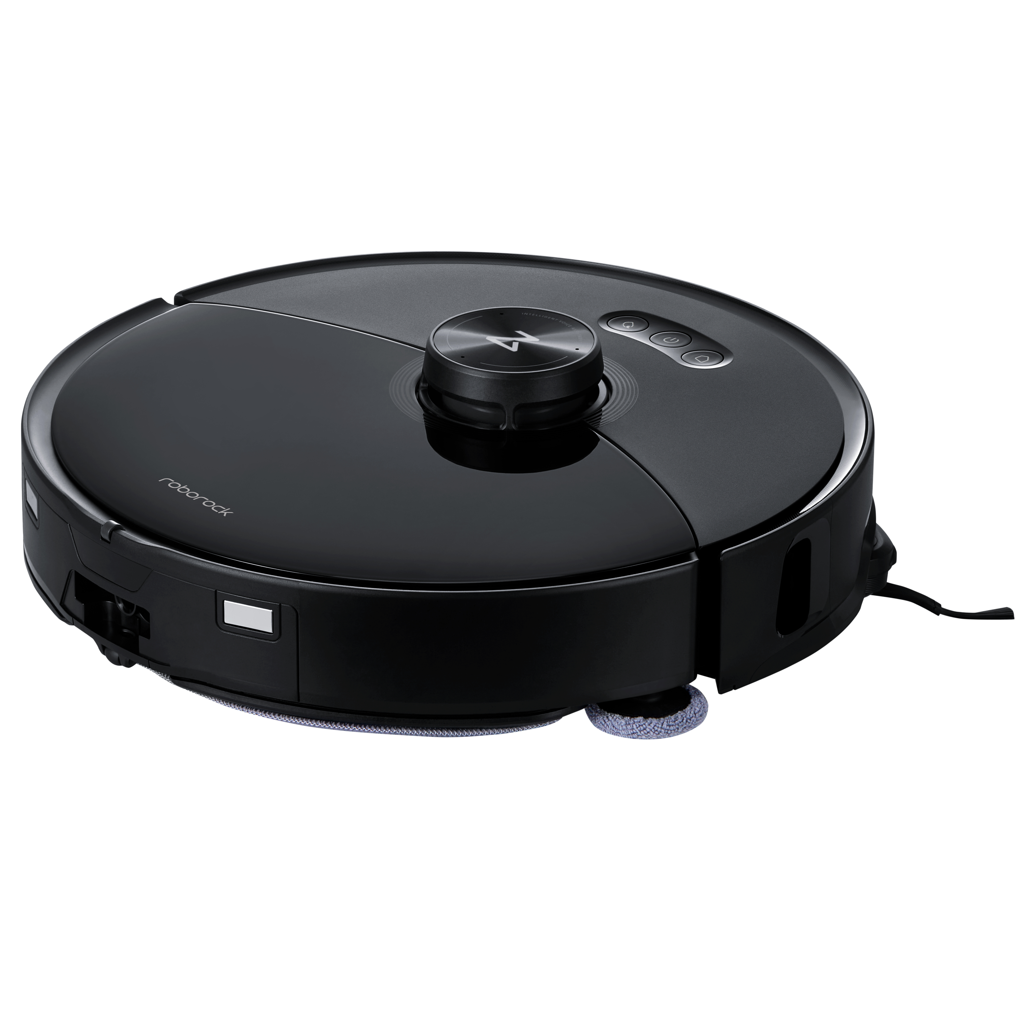 Ein schwarzer Roboter-Staubsauger mit rundem Design und drei Knöpfen oben. Er steht auf weißem Untergrund.