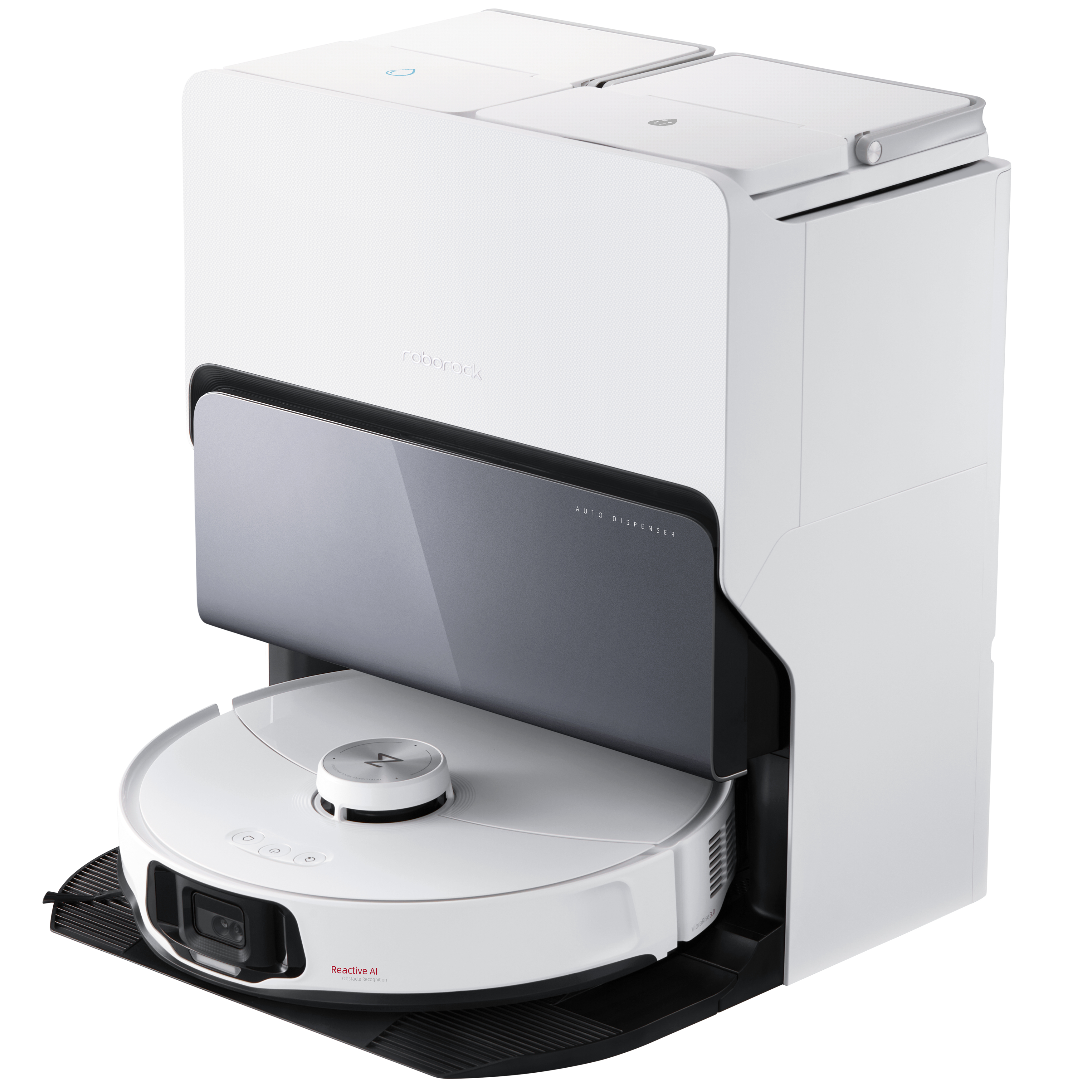 Weißer Roboter-Staubsauger mit Ladestation. Weißer Hintergrund.