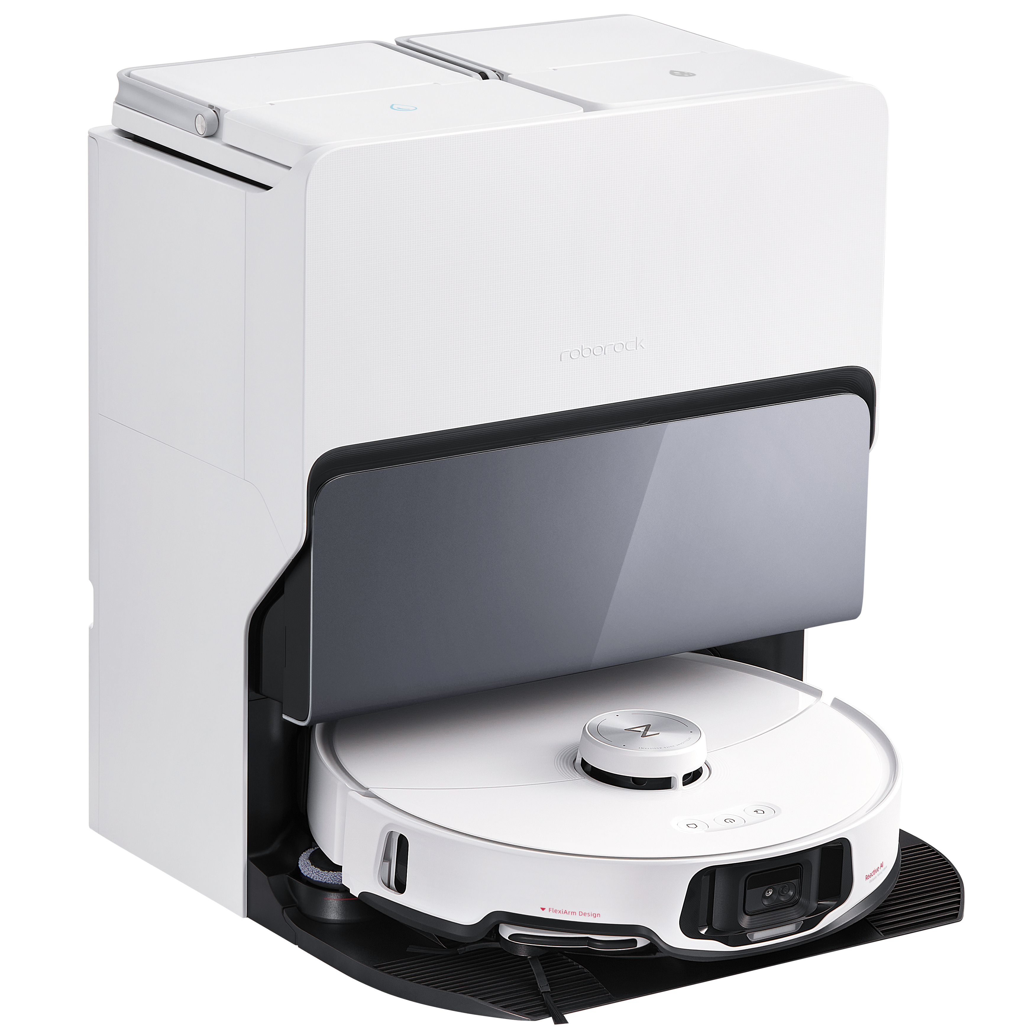 Ein weißer Roboterstaubsauger mit einer Ladestation. Es ist ein modernes Design und sieht sauber aus.