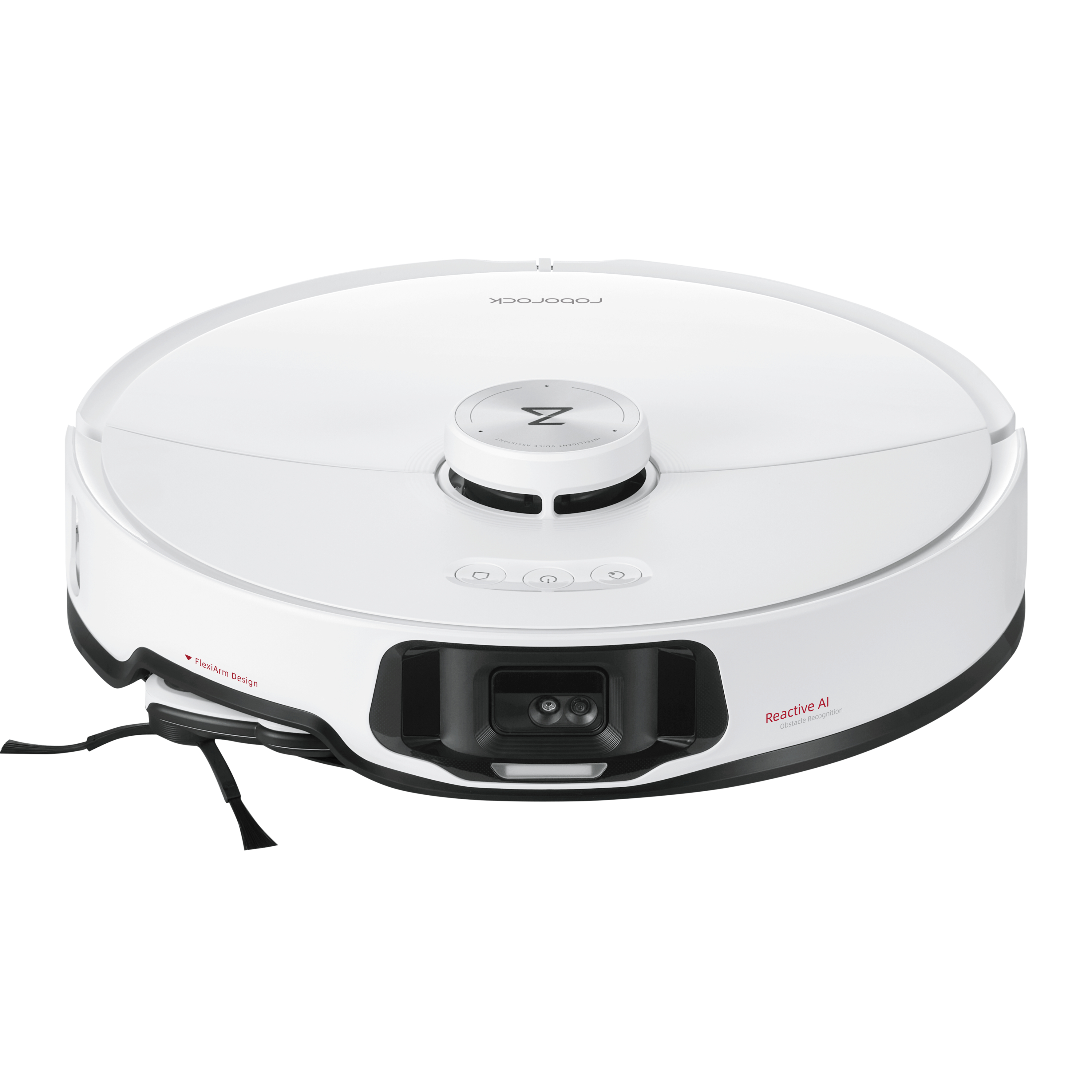 Weißer Roborock Roboter-Staubsauger, Draufsicht, mit kreisförmigem Sensor und Bürsten.