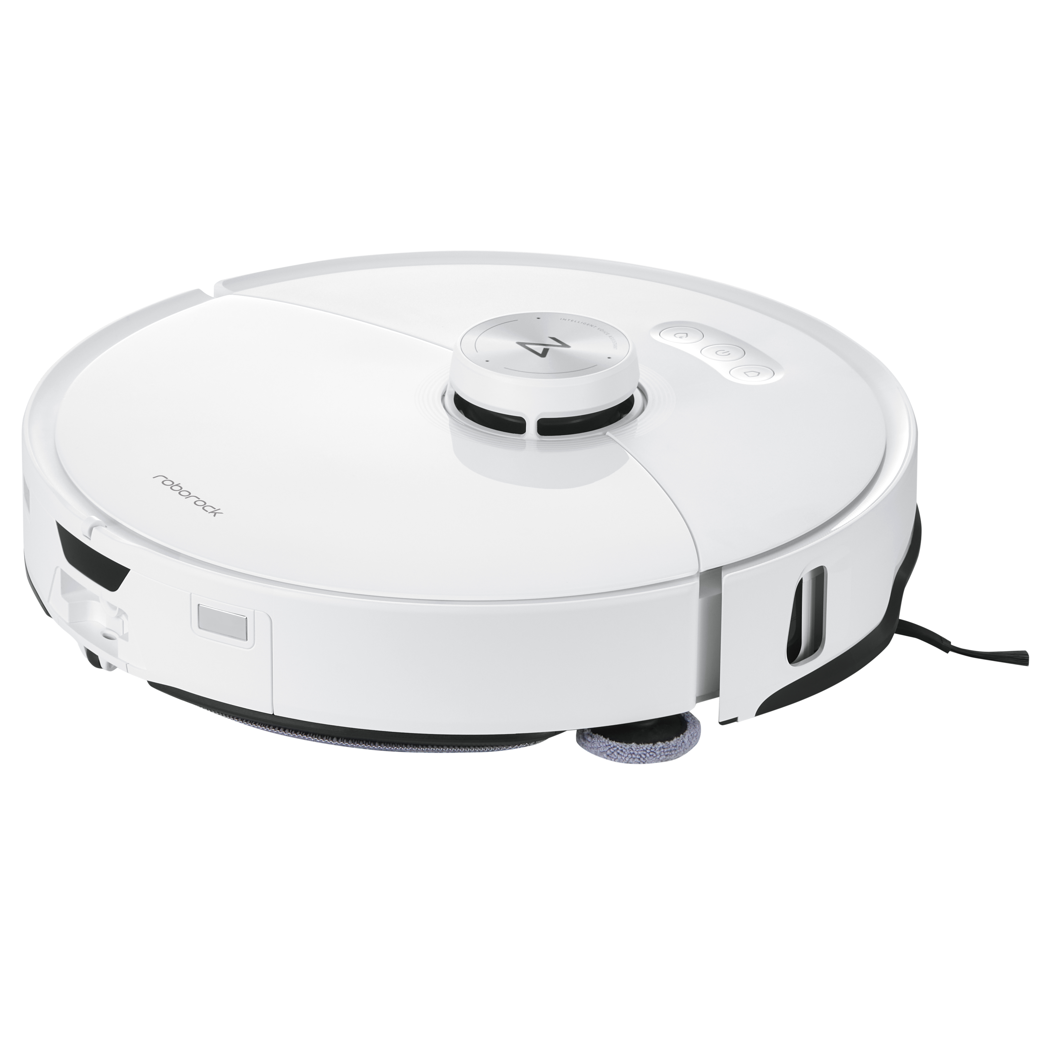 Ein weißer Roboter-Staubsauger auf weißem Hintergrund.