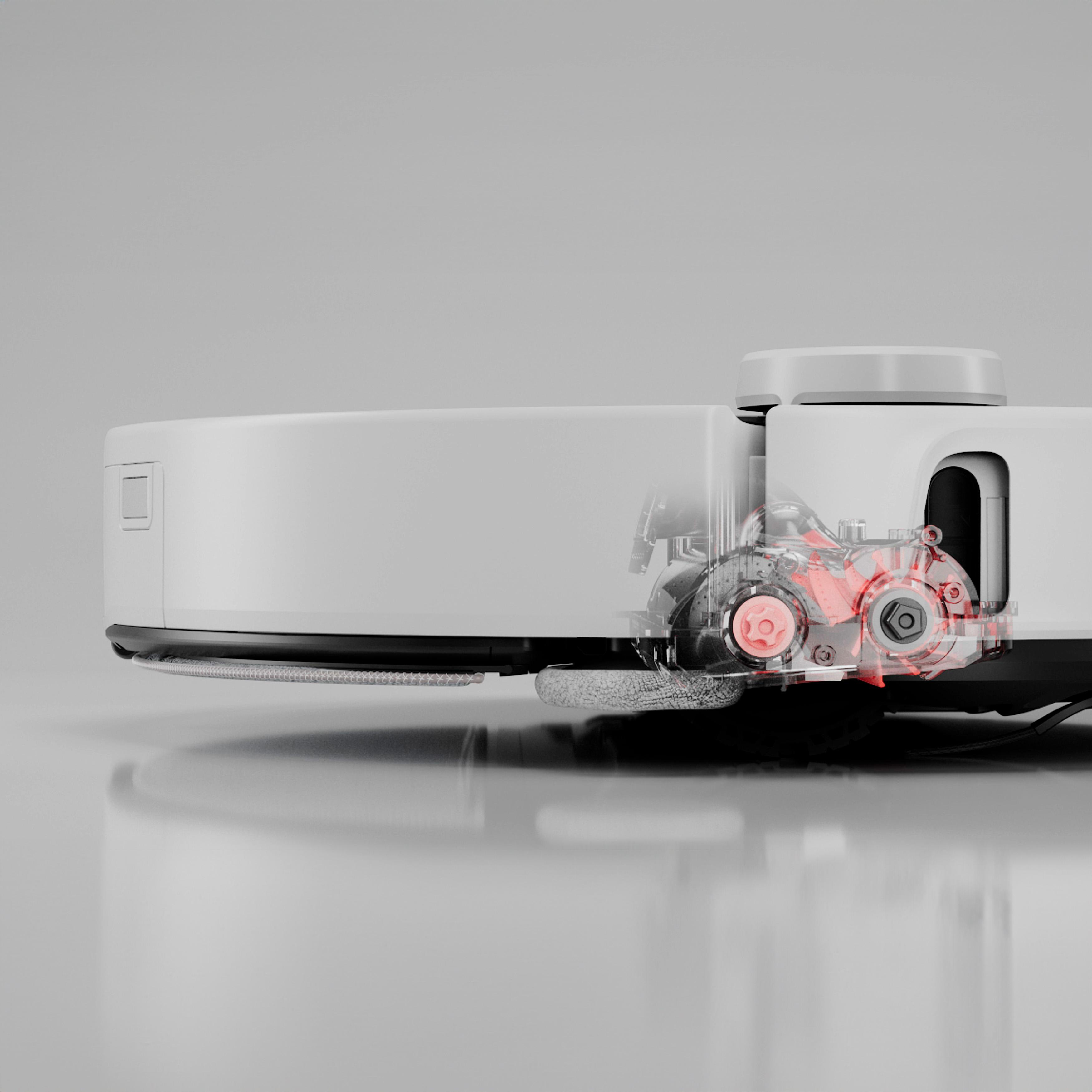 Roboter-Staubsauger mit transparentem Blick auf die Innenteile. Rote Zahnräder sichtbar.
