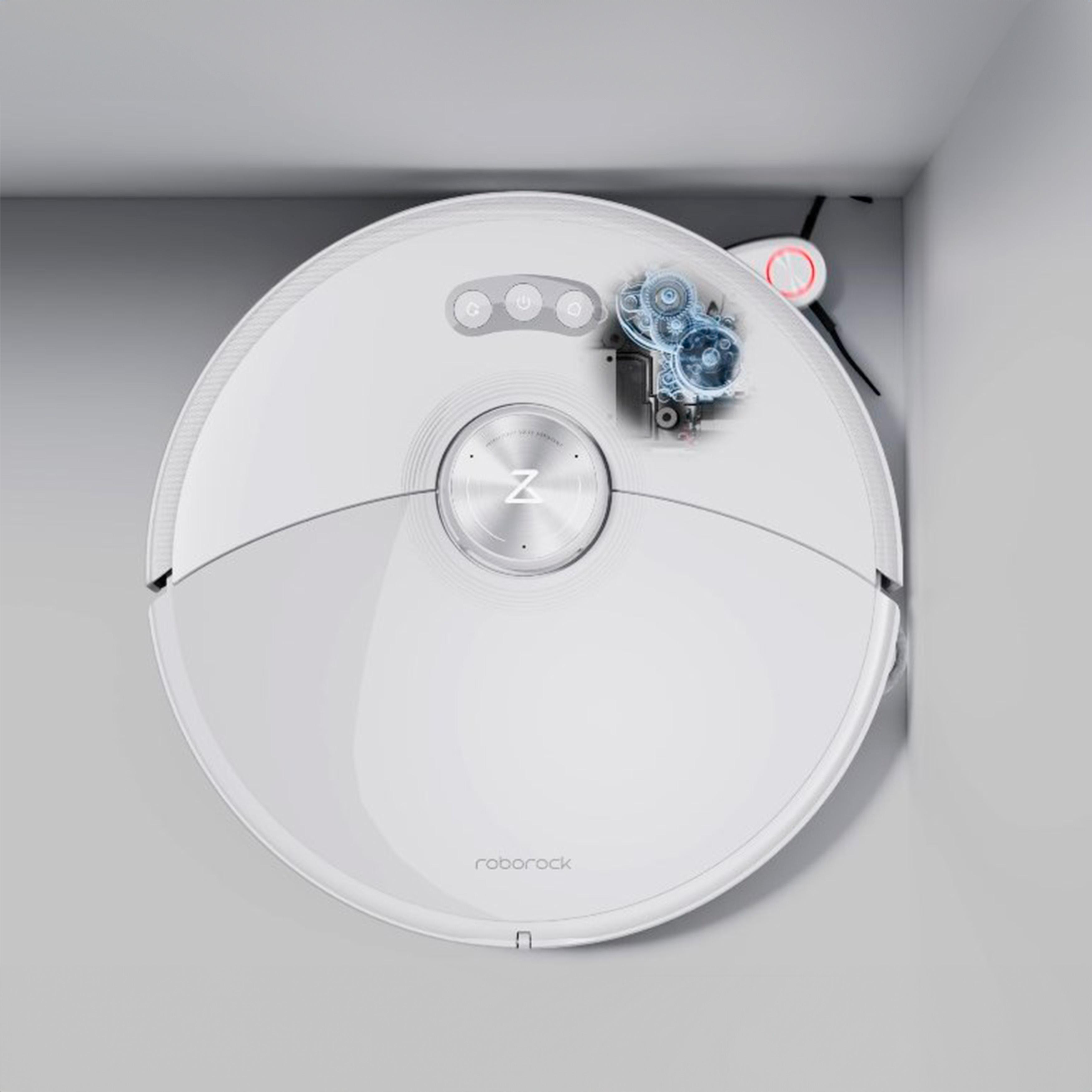 Weißer Roboter-Staubsauger. Das Bild zeigt eine Schnittansicht der internen Komponenten.