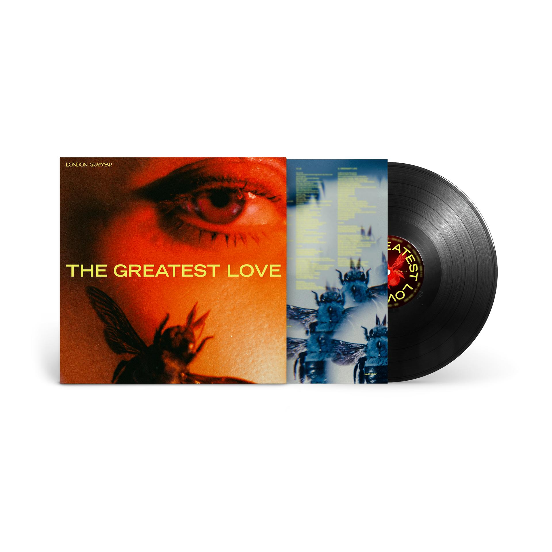 Schallplattenhülle mit Text 'THE GREATEST LOVE'. Eine Schallplatte liegt daneben.