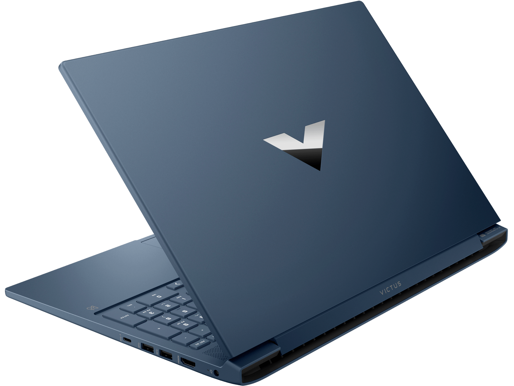 Una computadora portátil azul con la tapa abierta, mostrando el teclado y el logotipo. Un diseño elegante y moderno.