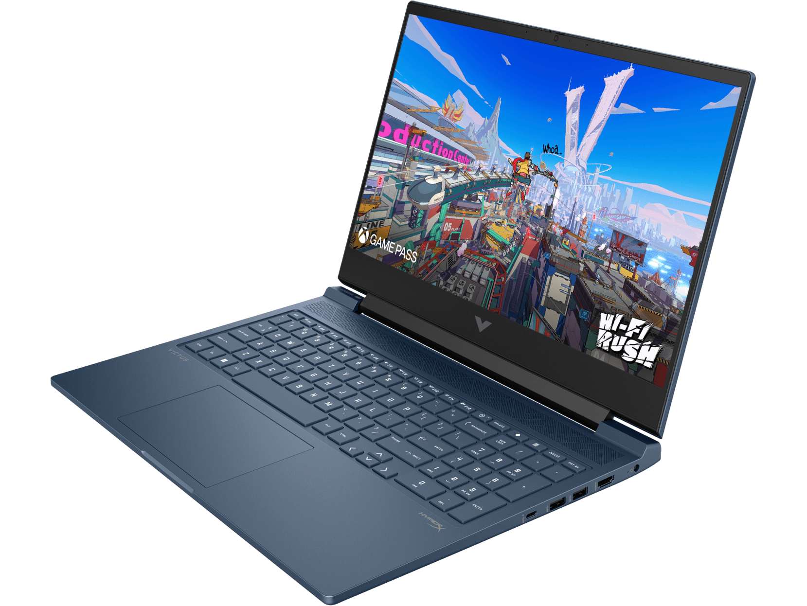 Una laptop azul está abierta, mostrando una colorida escena de videojuego con edificios y personajes.