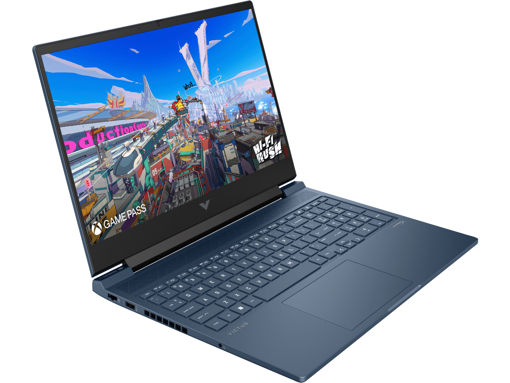 Un portátil azul con un juego en la pantalla. El teclado está en primer plano.