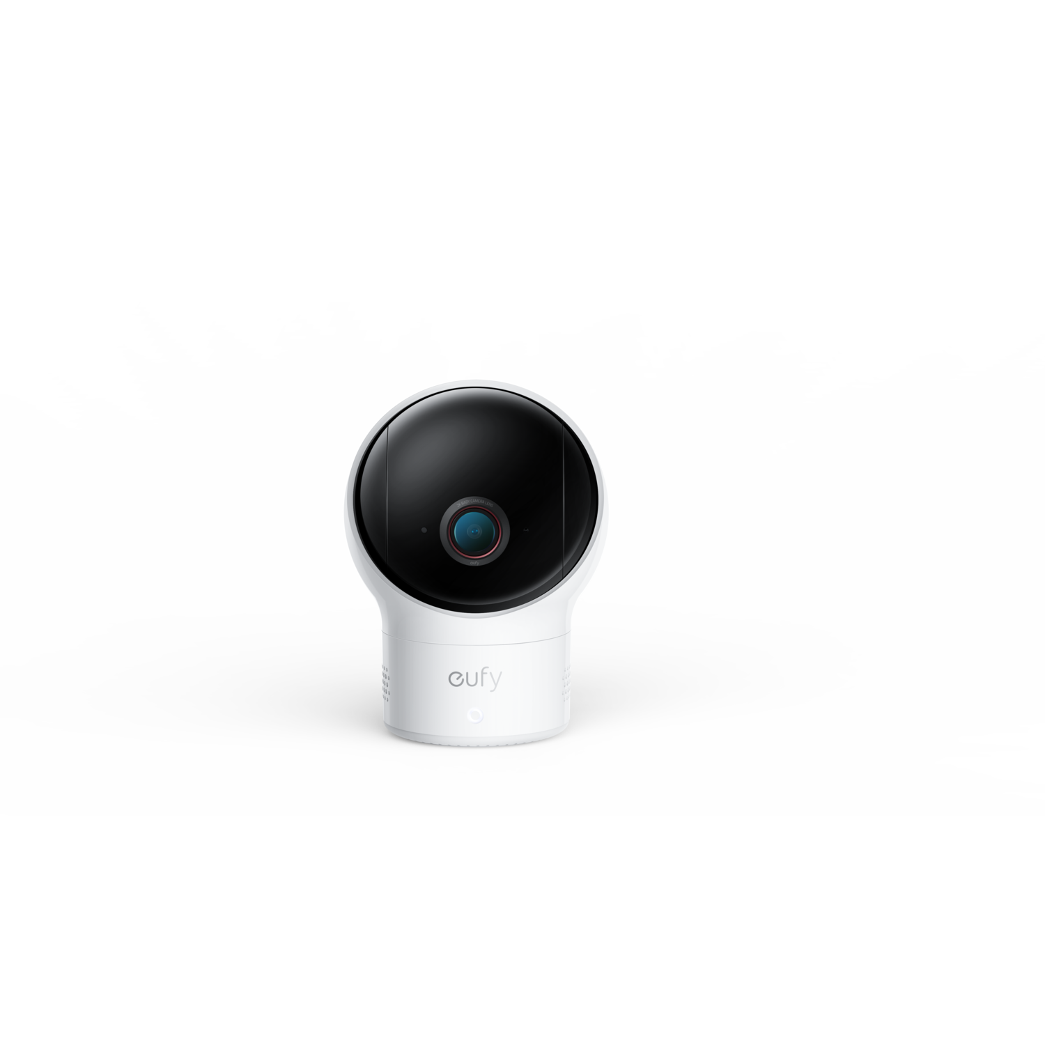 Een witte eufy beveiligingscamera, bovenaanzicht, met een zwarte cameralens.